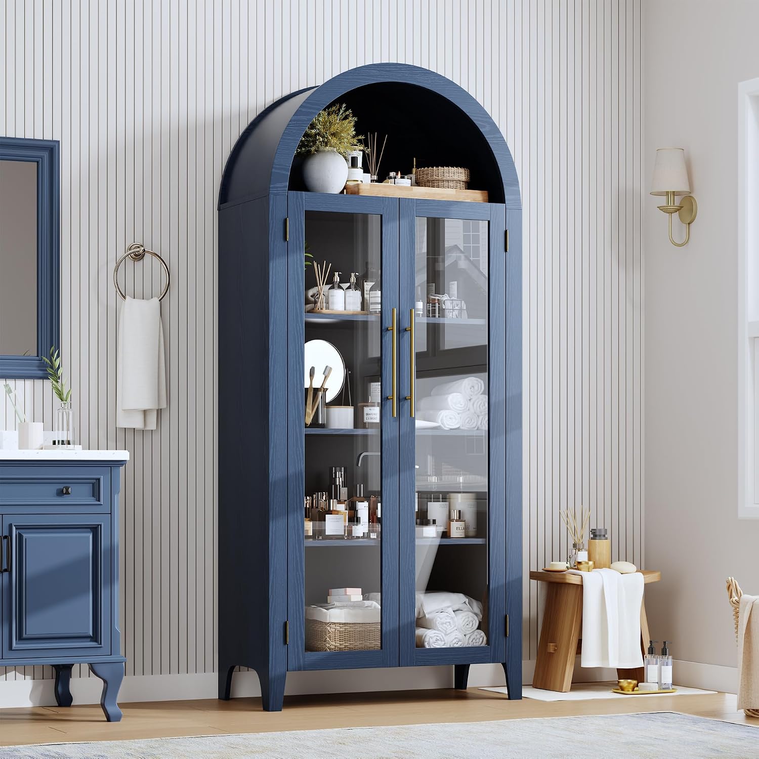 IDEALHOUSE Arched Kitchen Pantry Storage Cabinet - Farmhouse 5-Tier Display Shelf with 2 Large Glass Doors and Adjustable Shelf, Versatile Cupboard for Kitchen, Dining Room, Living Room, Night Blue