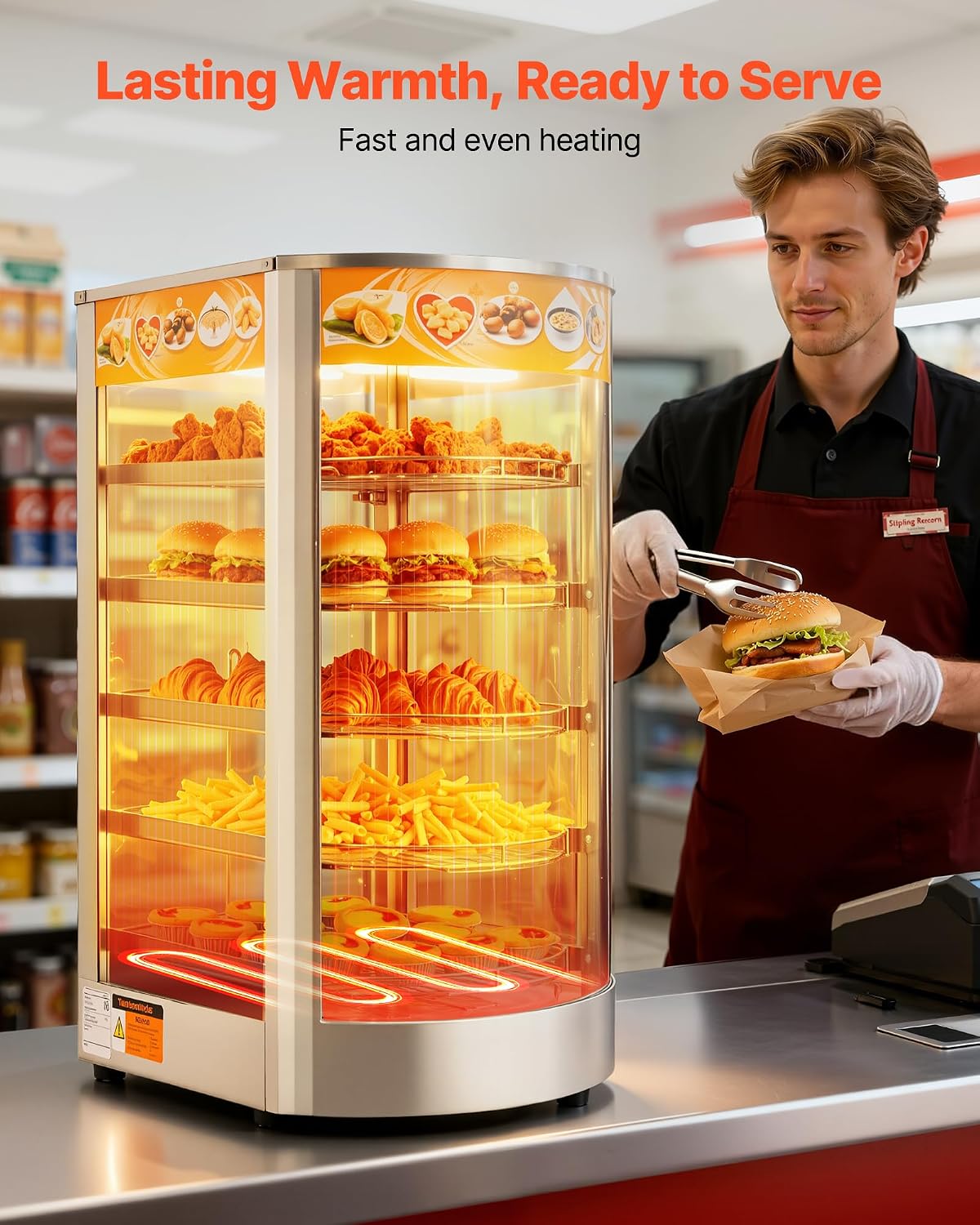VEVOR 5-Tier Commercial Food Warmer Display, 800W Food Display Warmer with LED Light, Adjustable Shelf and Stainless Steel Frame, 86℉~185℉ Air Heating, 60L for Hamburger, Pizza, Bread, Fried Chicken