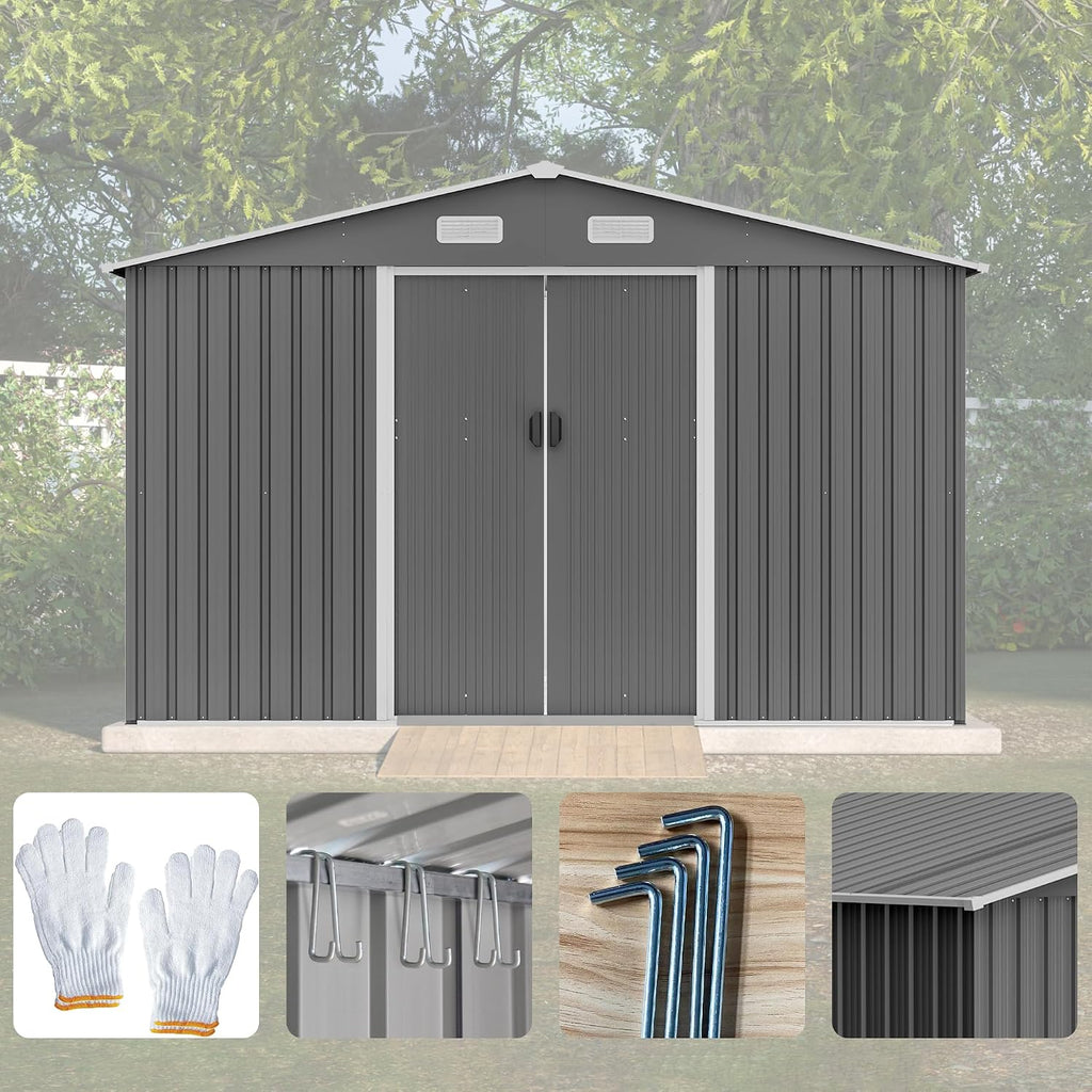 Jintop 10X8 FT Outdoor Storage Shed,Waterproof Garden Shed with Sliding Doors,All Weather Metal Heavy-Duty Tool Shed W/Vents, Foldable House for Garden Backyard, Lawn,Light Gray