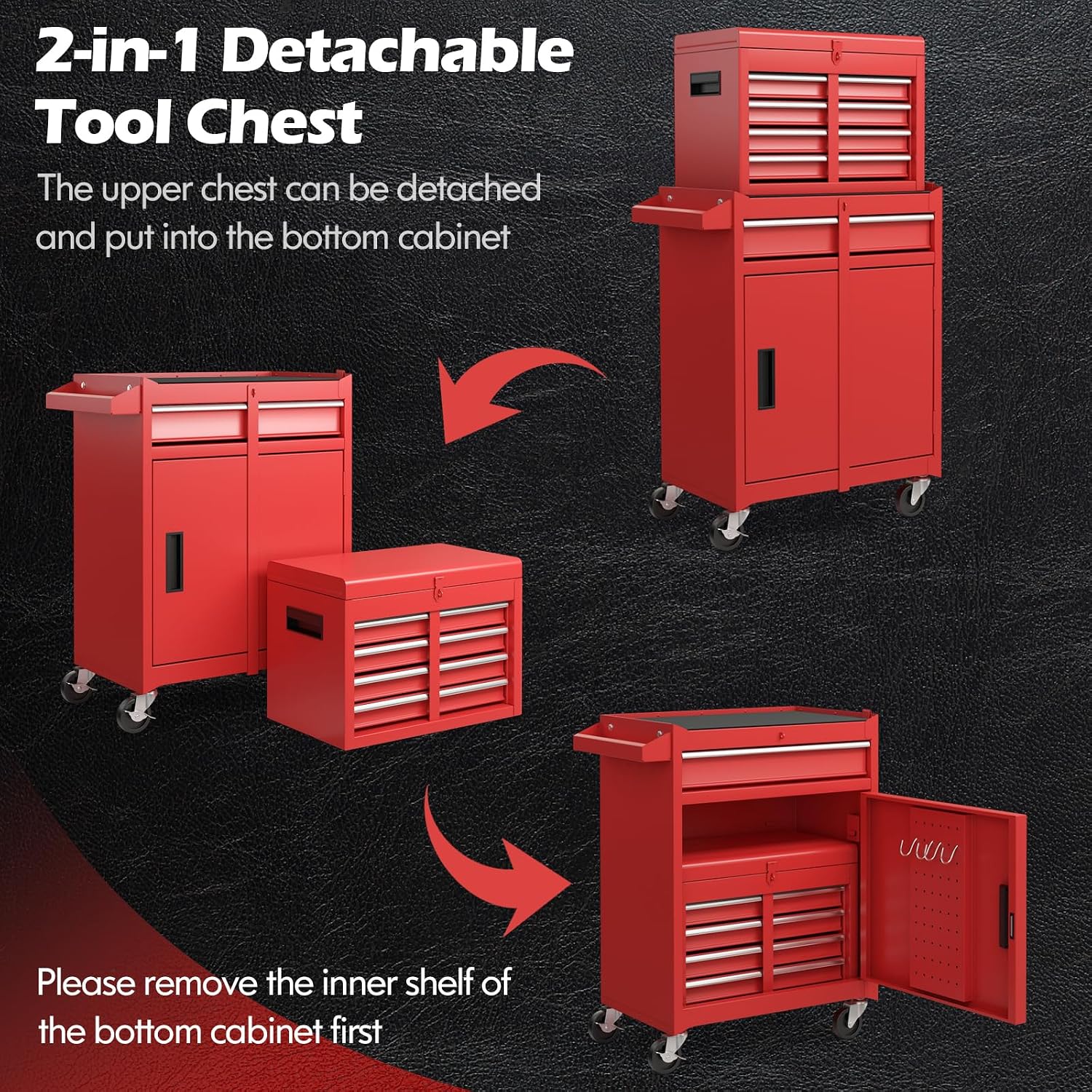 S AFSTAR 5-Drawer Rolling Tool Chest, High Capacity Tool Storage Cabinet with Lockable Wheels, Adjustable Shelf & Anti-Slip Liner, Detachable Tool Box Organizer Tool Cabinet for Garage Workshop (Red)
