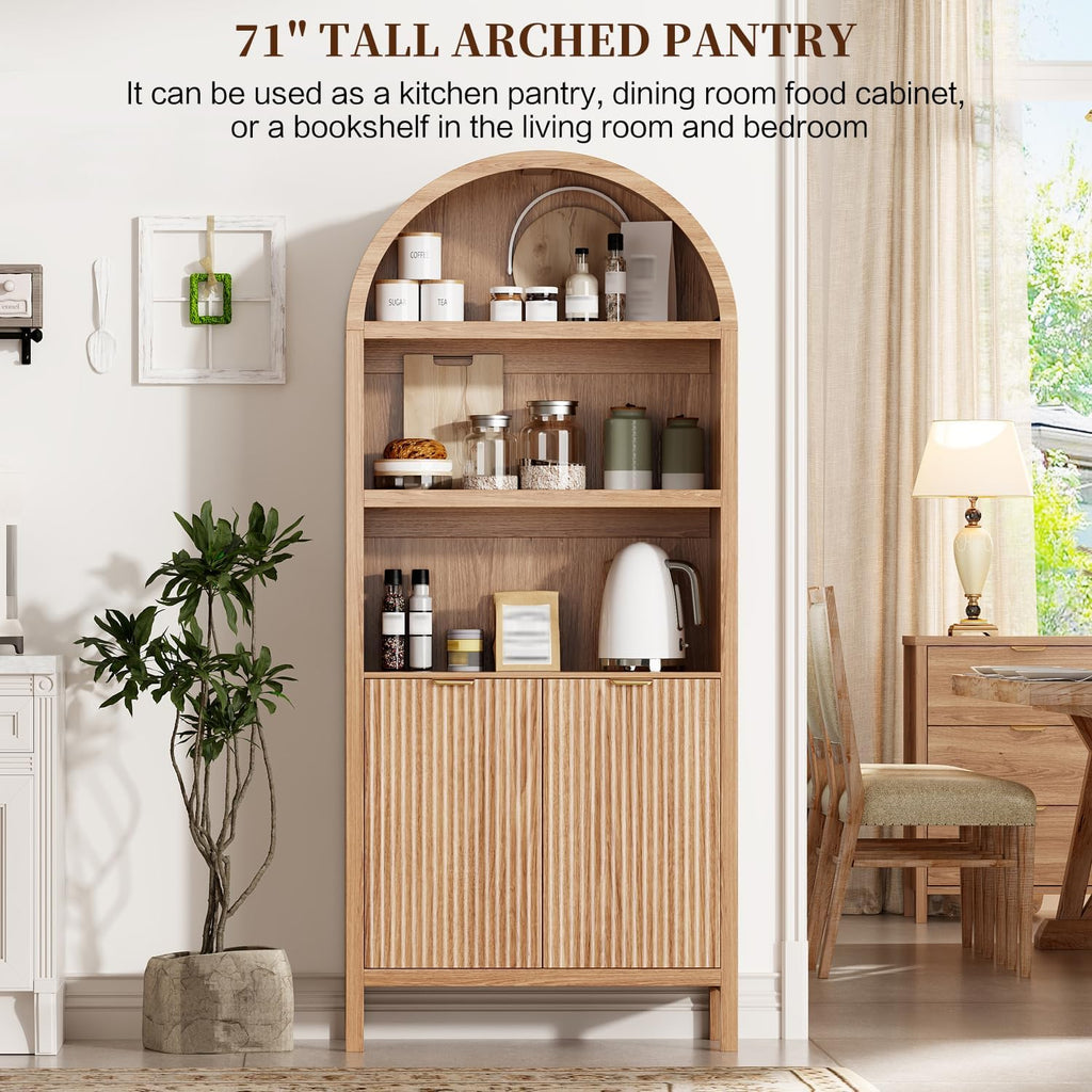 Ieejdn 71' Tall Arched Kitchen Pantry,Modern Fluted Wood Storage Cabinet with Doors,Adjustable Shelves,Organizer, Versatile Cupboard for Kitchen,Living Room,Dining Room,Bathroom,Wood