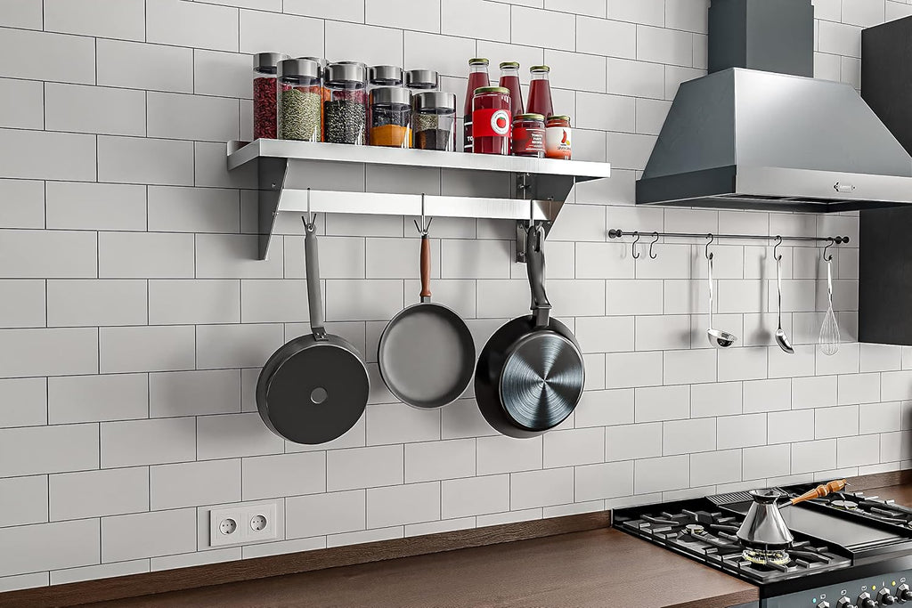 KoolMore 36' Commercial Wall Mounted Pot Rack Organizer Shelf with 3 Removable Storage Hooks for Pots and Pans, Stainless-Steel Storage Holder (WMPS-1236), 12' X 36'