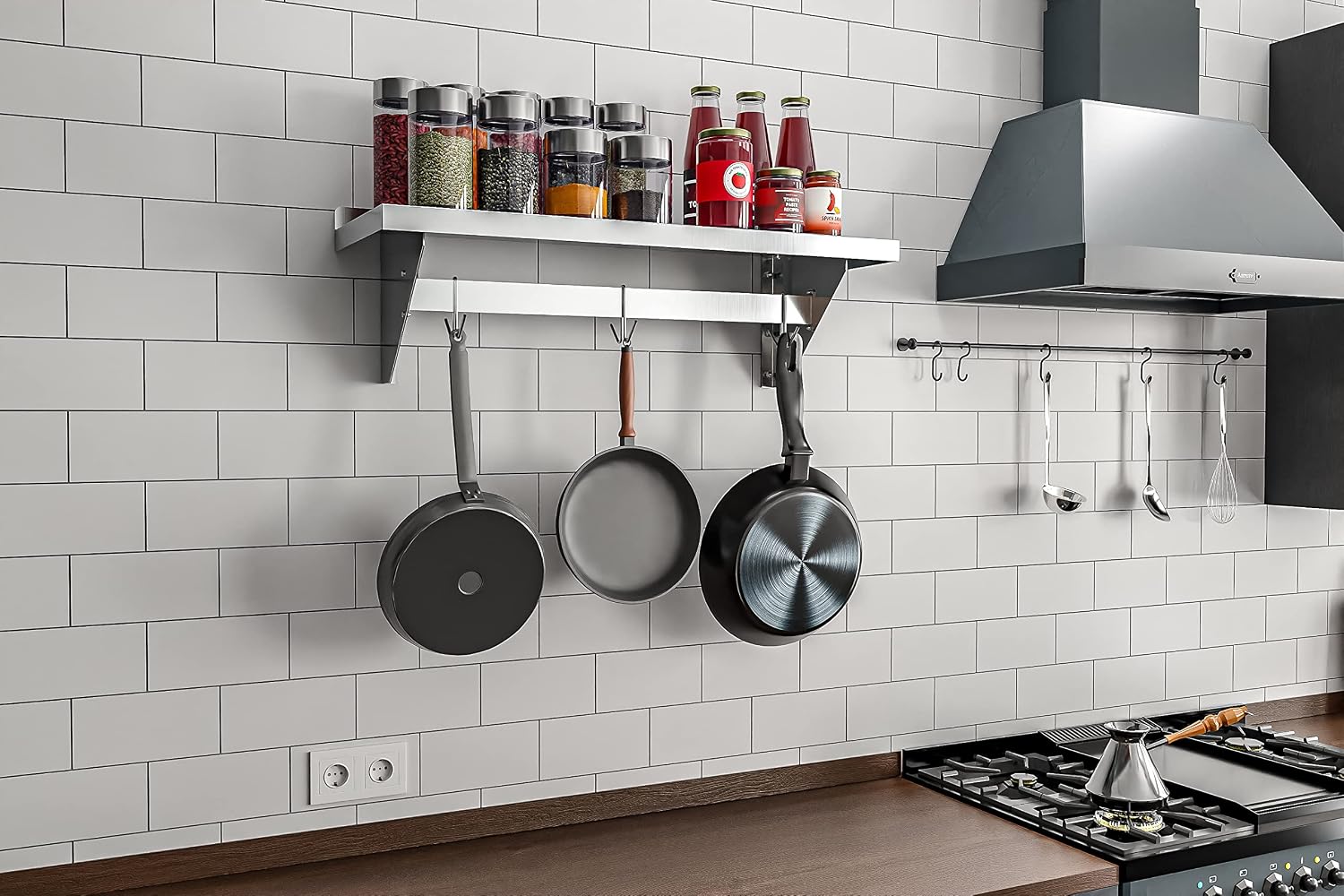 KoolMore 36' Commercial Wall Mounted Pot Rack Organizer Shelf with 3 Removable Storage Hooks for Pots and Pans, Stainless-Steel Storage Holder (WMPS-1236), 12' X 36'