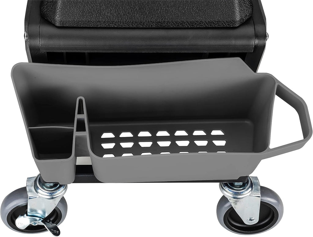 Powerbuilt Rolling Work Seat Brake Stool with 4-inch Rubber Lockable Wheels, Big Seating Platform, Tool Trays and Drawer 330 lb. Capacity, Mechanics, Gardening, Garage - 941881ECE, Grey