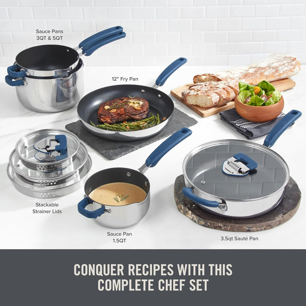 Zakarian x Dash TruPro® Stainless Steel Cookware Set - Rust-Resistant, Nonstick Cookware Set for Everyday Cooking - Straining Lid with Stackable Lids and Heat Resistant Handles - Blue, 10-Piece Set