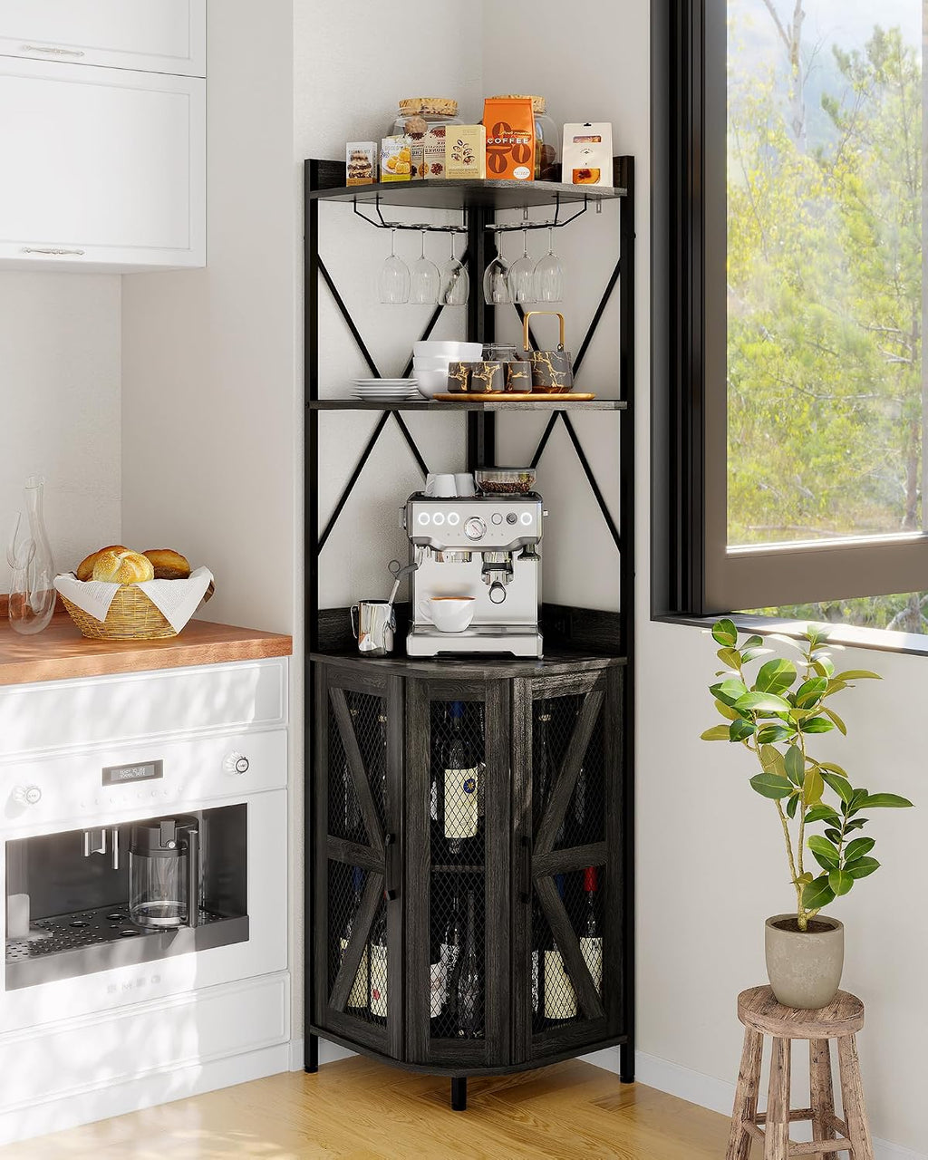 Garvee 72in Corner Wine Cabinet with Power Outlet, Industrial Wine Cabinet w/LED Strip&Glass Holder, 5-Tiers Liquor Cabinets Bar for Home, Small Space, Display Cabinets for, 12 Colors, Mesh Door