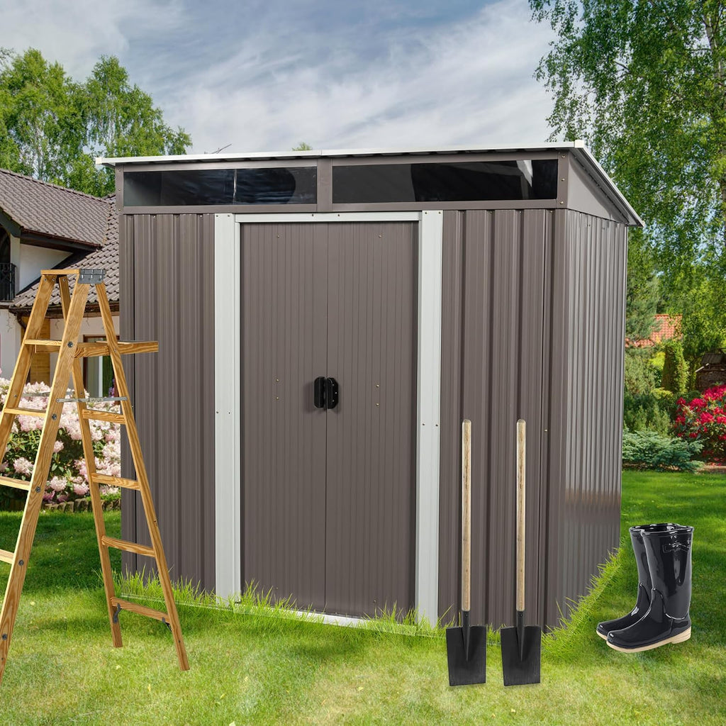 6x5 ft Outdoor Metal Storage Shed with Foundation Frame, Galvanized Steel Tool Shed with Lockable Sliding Door, Transparent Plate and Air Vent, Waterproof Garden Storage House for Backyard, Patio