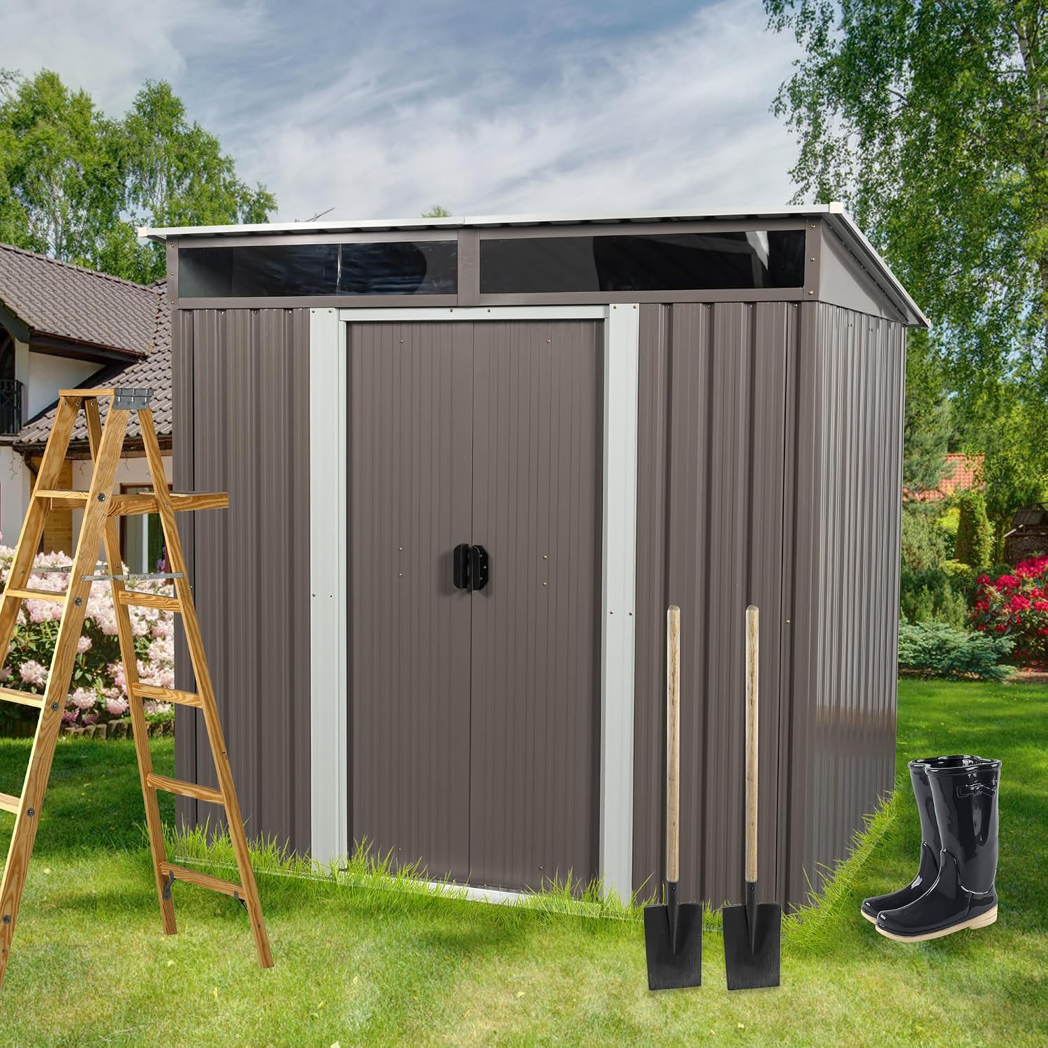 6x5 ft Outdoor Metal Storage Shed with Foundation Frame, Galvanized Steel Tool Shed with Lockable Sliding Door, Transparent Plate and Air Vent, Waterproof Garden Storage House for Backyard, Patio