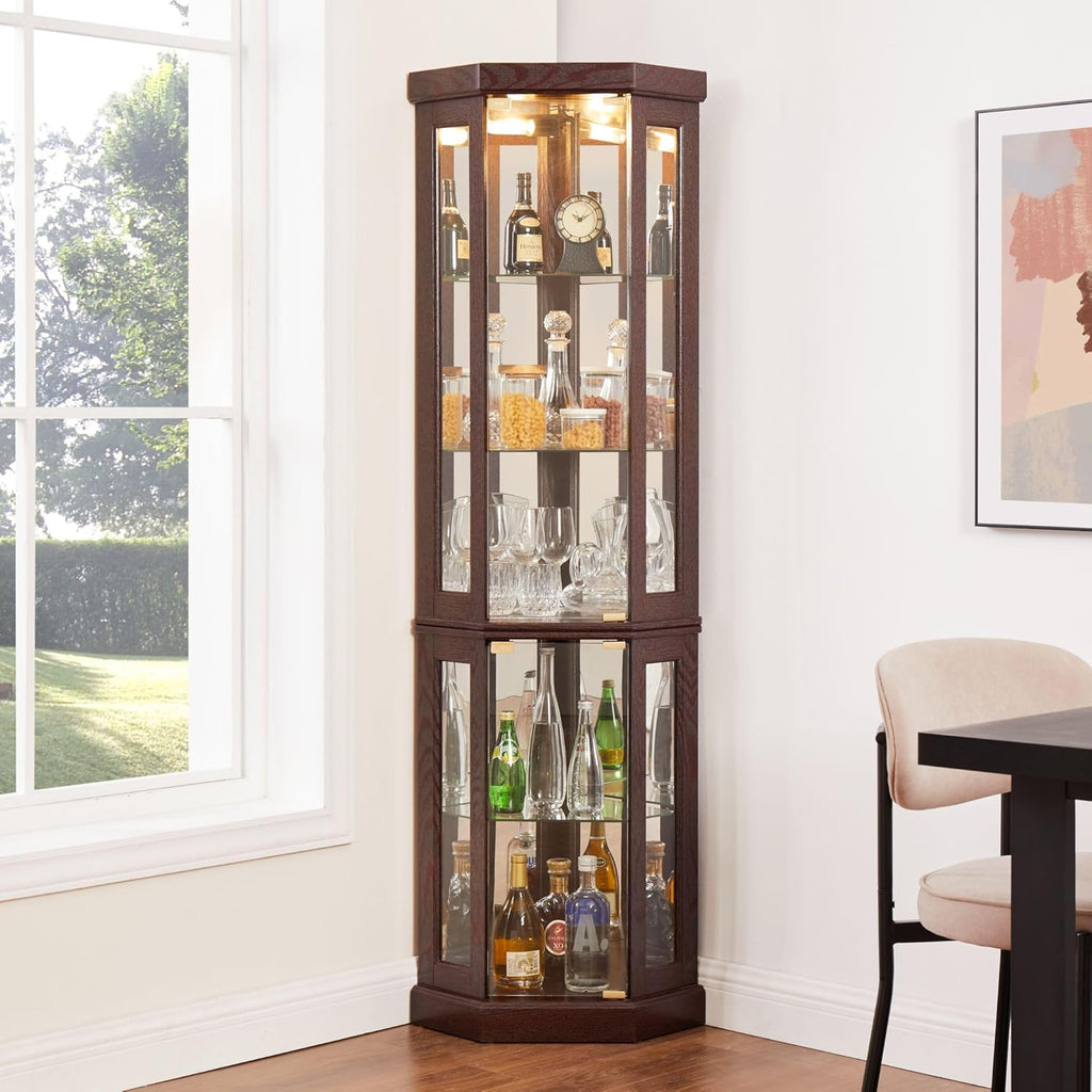 70' Lighted Corner Curio Cabinet, Wood China Display Case with Tempered Glass Doors & Adjustable Shelves, Light Bulb Included, Tall Wine Storage Rack for Bar and Liquor Storage (Dark Cherry)