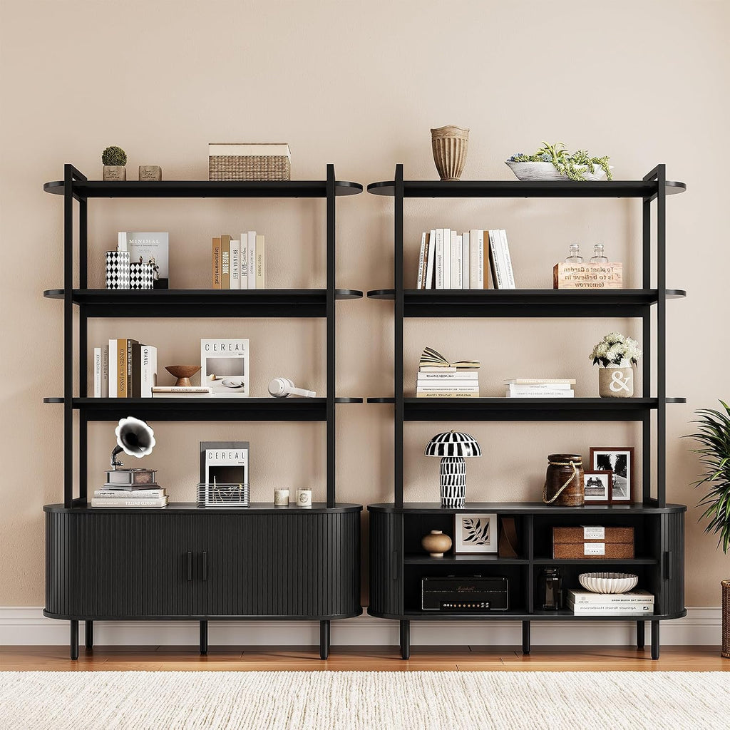 5 Tier Bookshelf with Fluted Cabinet, Tall Bookcase with Sliding Door, Metal and Wood Display Shelf, Free Standing Storage Shelving Unit, Corner Storage Organizer for Living Room, Home Office, Black