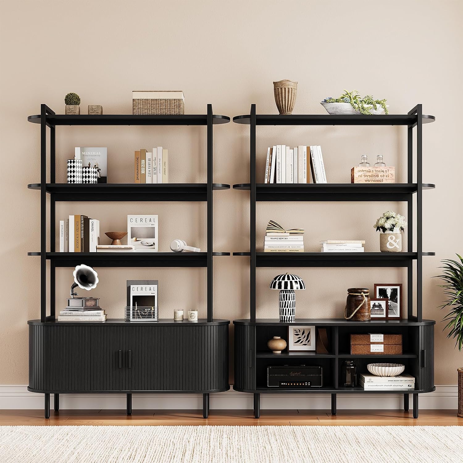 5 Tier Bookshelf with Fluted Cabinet, Tall Bookcase with Sliding Door, Metal and Wood Display Shelf, Free Standing Storage Shelving Unit, Corner Storage Organizer for Living Room, Home Office, Black