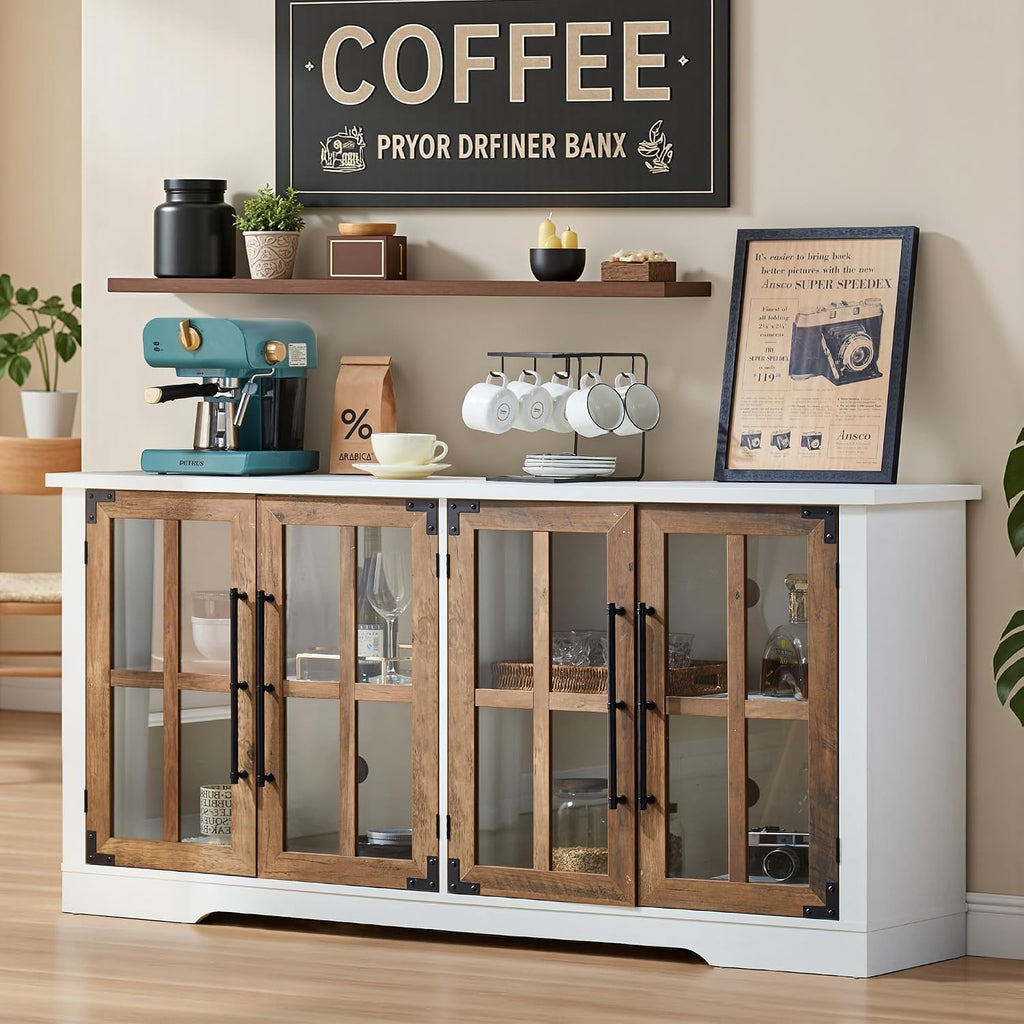 AMERLIFE Farmhouse 63' Buffet Sideboard Cabinet with Glass Door, Large Storage Cabinet with Adjustable Shelf, Wooden Coffee Bar Station for Kitchen, Dinning Room, White