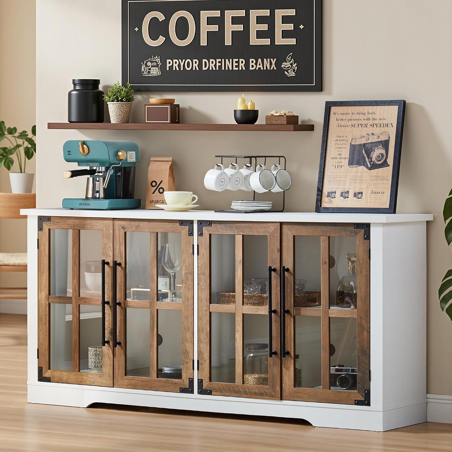 AMERLIFE Farmhouse 63' Buffet Sideboard Cabinet with Glass Door, Large Storage Cabinet with Adjustable Shelf, Wooden Coffee Bar Station for Kitchen, Dinning Room, White