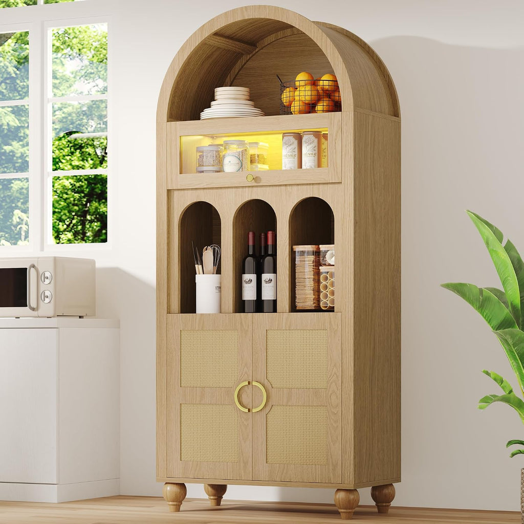 LIKIMIO 72.8' Tall Arched Cabinet, 5-Tier Bookshelf, LED Light Display Cabinet with Glass Doors, Rattan Storage Pantry with Adjustable Arch Shelf for Kitchen, Living Room, Office, Natural