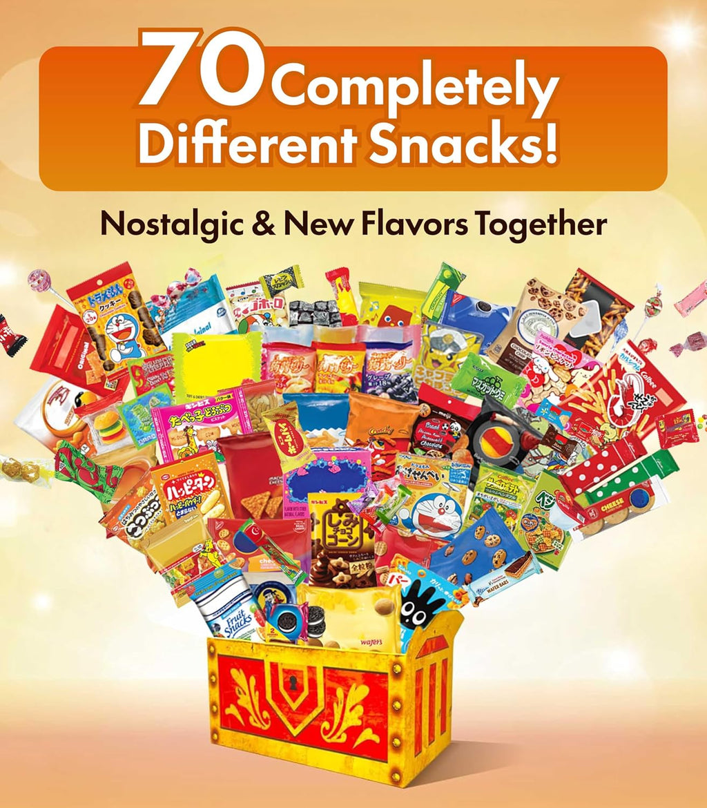 OKURIMONO 70 Count Snack Box – Assorted Japanese & American Snacks | International Snack Gift Box, College Care Package for Kids, Teens & Holidays