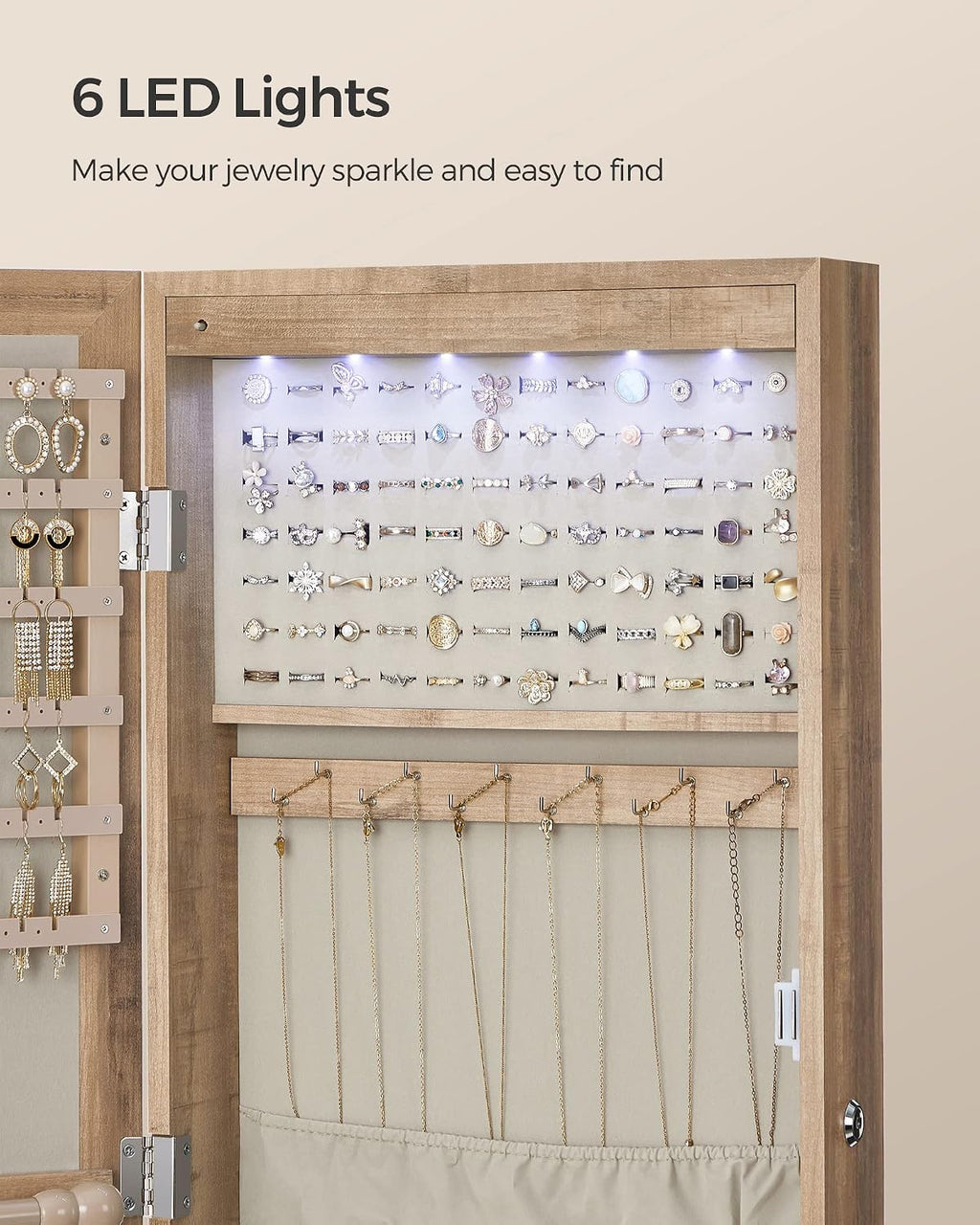 SONGMICS 6 LEDs Mirror Jewelry Cabinet, 47.2-Inch Tall Lockable Wall or Door Mounted Jewelry Armoire Organizer with Mirror, 2 Drawers, 3.9 x 14.6 x 47.2 Inches, Toasted Oak Color UJJC093N01