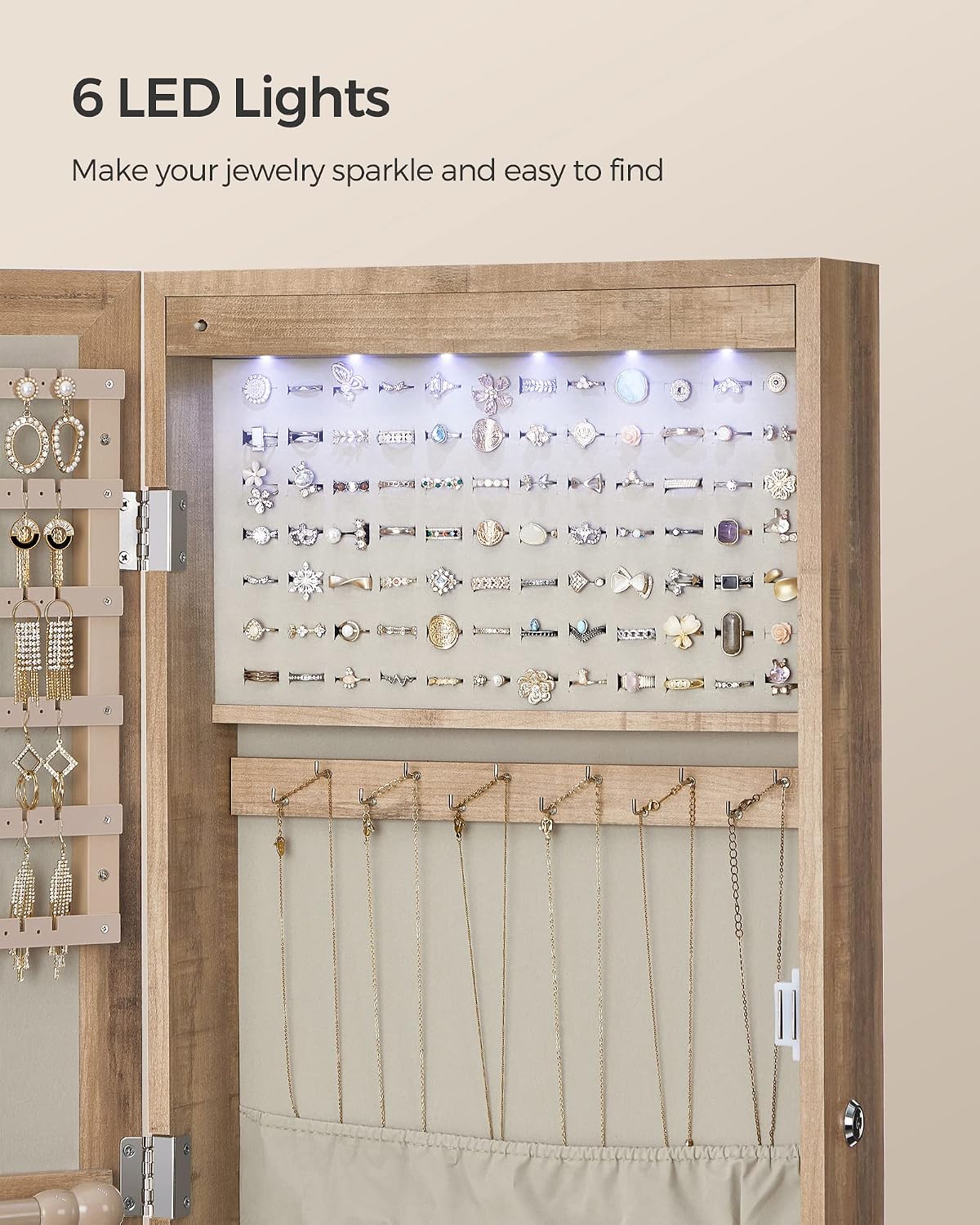 SONGMICS 6 LEDs Mirror Jewelry Cabinet, 47.2-Inch Tall Lockable Wall or Door Mounted Jewelry Armoire Organizer with Mirror, 2 Drawers, 3.9 x 14.6 x 47.2 Inches, Toasted Oak Color UJJC093N01