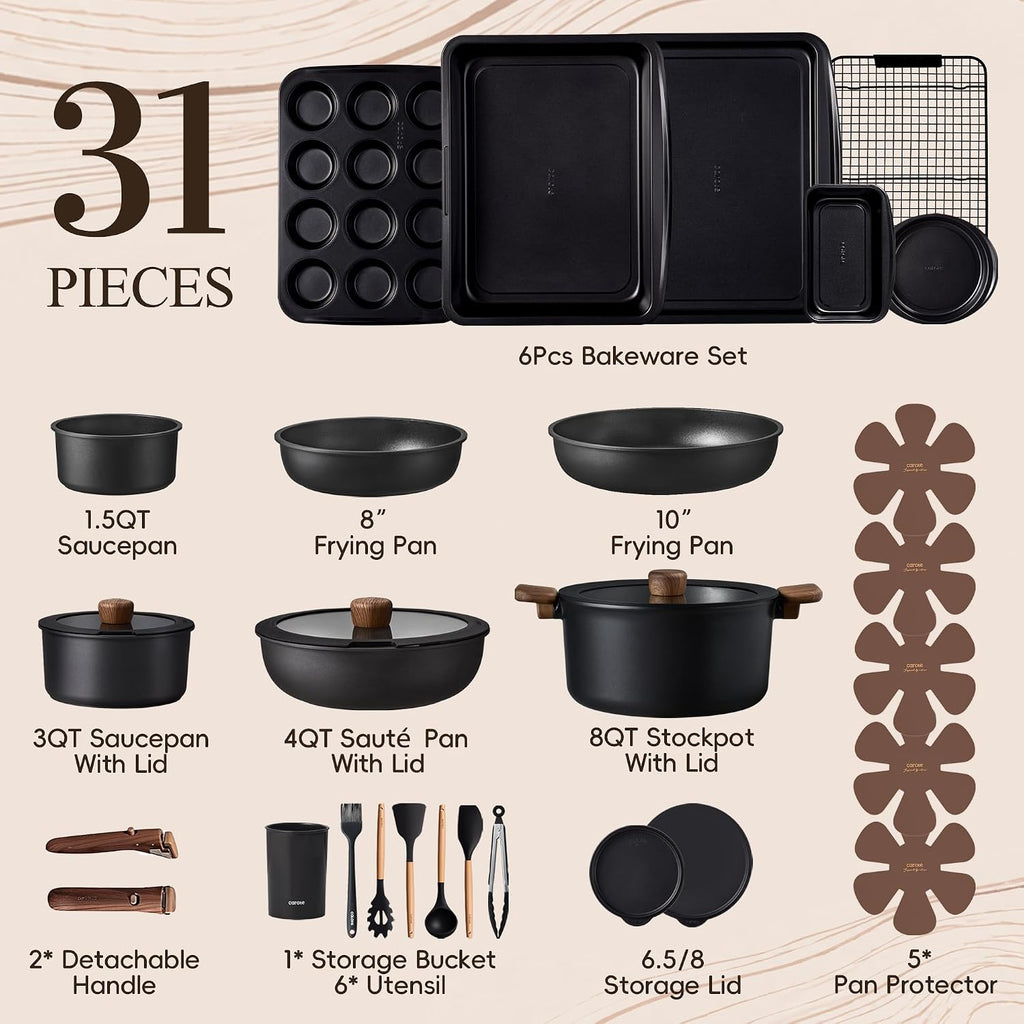 CAROTE 31pcs Nonstick Pots and Pans Set with Baking Pans Set, Cookware Sets with Detachable Handle, Kitchen Cooking Set - Camping Cookware, Dishwasher & Oven Safe, Induction Compatible
