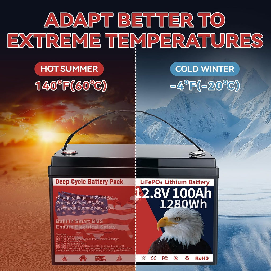 12V 100Ah LiFePO4 Lithium Battery, Group 31 Lithium Iron Phosphate 15000+ Deep Cycles & 10-Year Lifespan with Built-in BMS, 1280Wh Low Temp Protection for Solar System, Home Energy, RV, Off-Grid