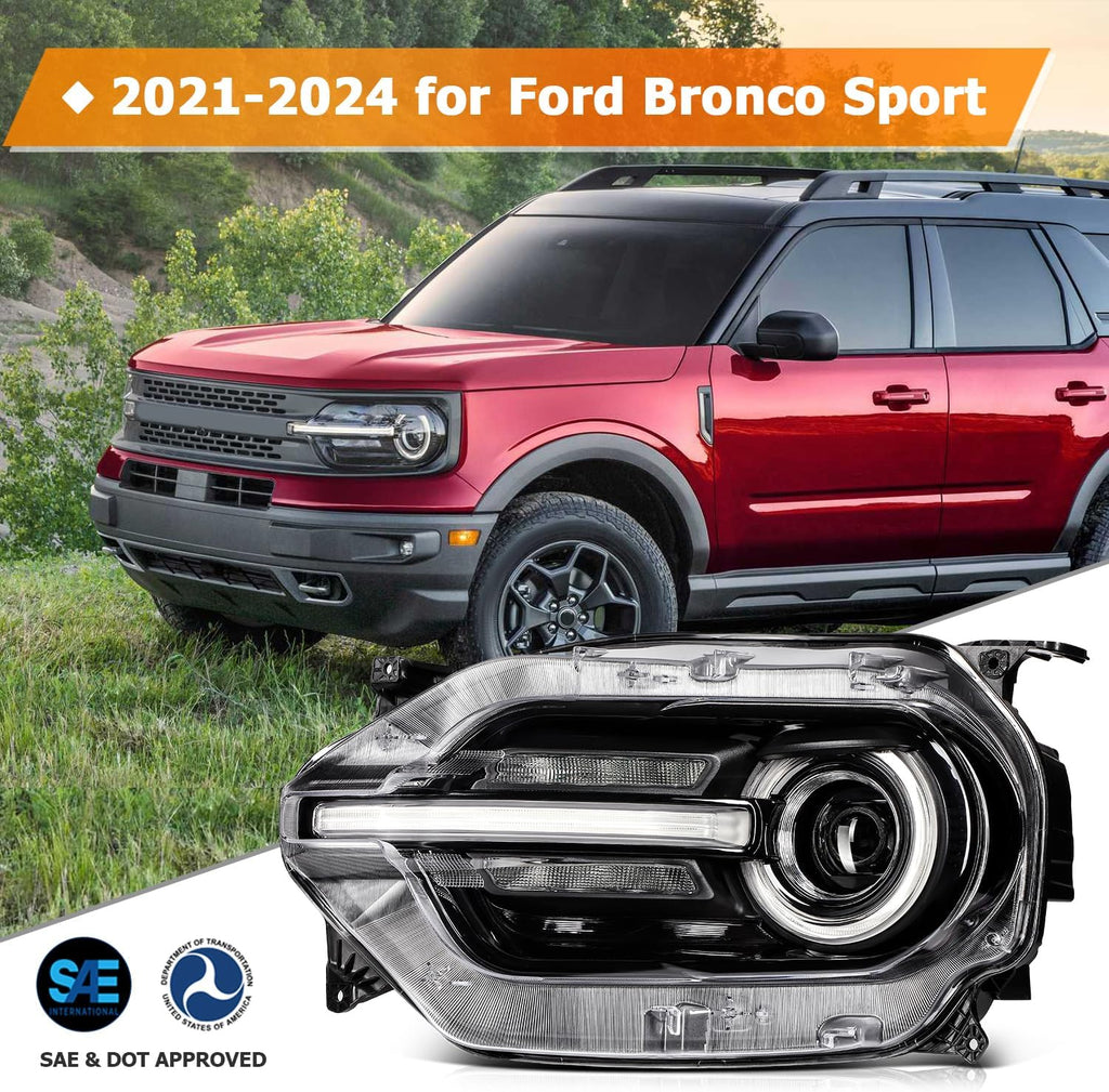 Headlight Assembly Fit 2021-2024 for Bronco Sport Driver & Passenger Side Headlight Black Housing Clear Reflector M1PZ13008H