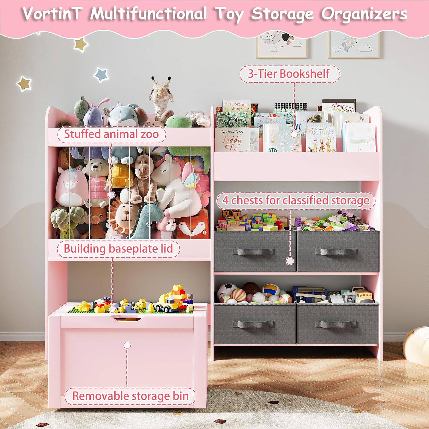 Toy Storage Organizer with Stuffed Animal Storage – Kids Bookshelf with 4 Removable Bins and 1 Movable Toy Box, 3-Tier Bookshelf with Buildable Baseplate Lid for Lego Bricks, Kids Room Playroom (Pink)