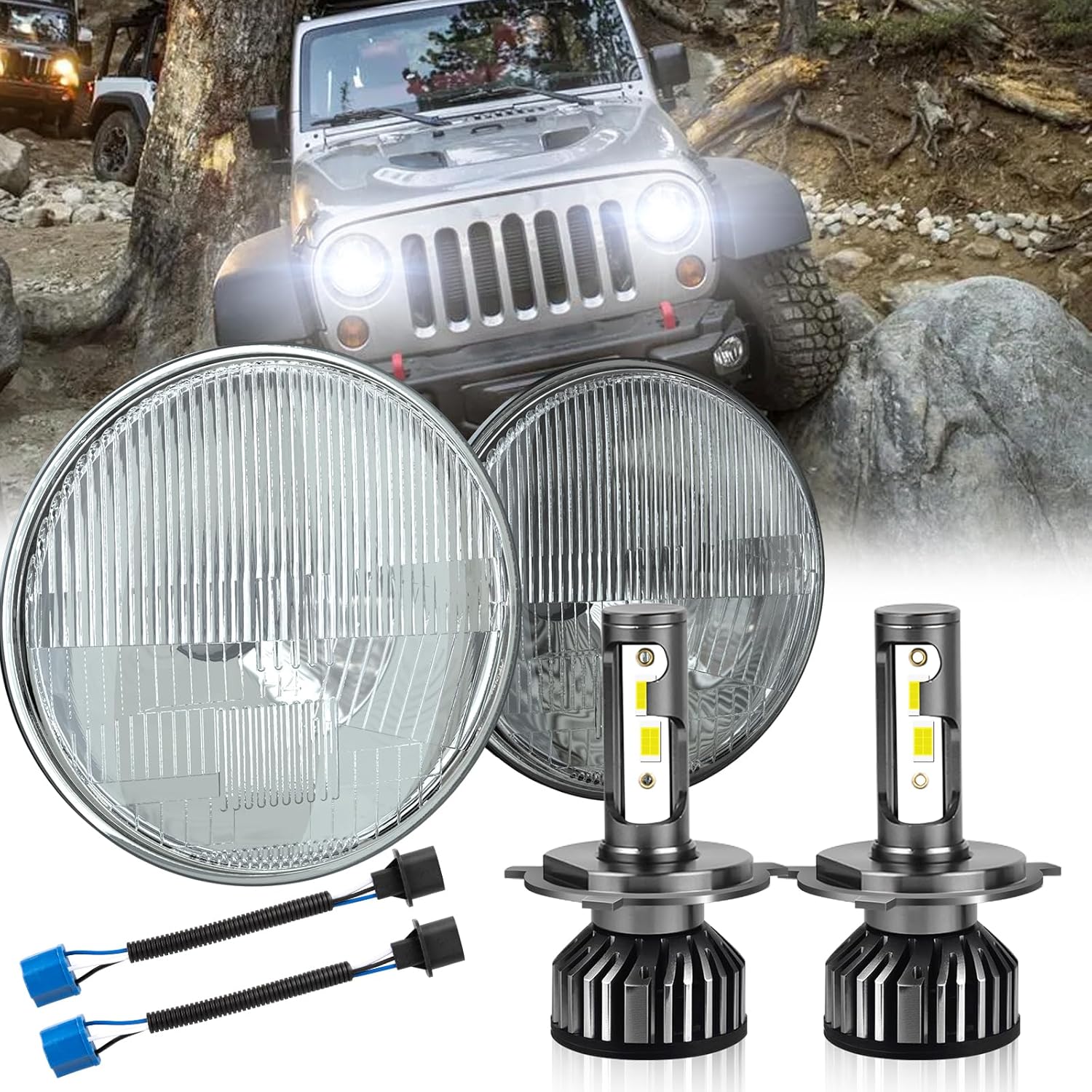 7 Inch H6024 Glass Round Headlight Housing with H4/9003 LED Bulbs, High Low Beam Sealed Conversion Kit, Classic OEM Look (H6024)