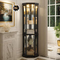 70' Lighted Corner Curio Cabinet, Curved Wood China Display Case with Tempered Glass Doors & Adjustable Shelves, Light Bulb Included, Tall Wine Storage Rack for Bar and Liquor Storage (Black)