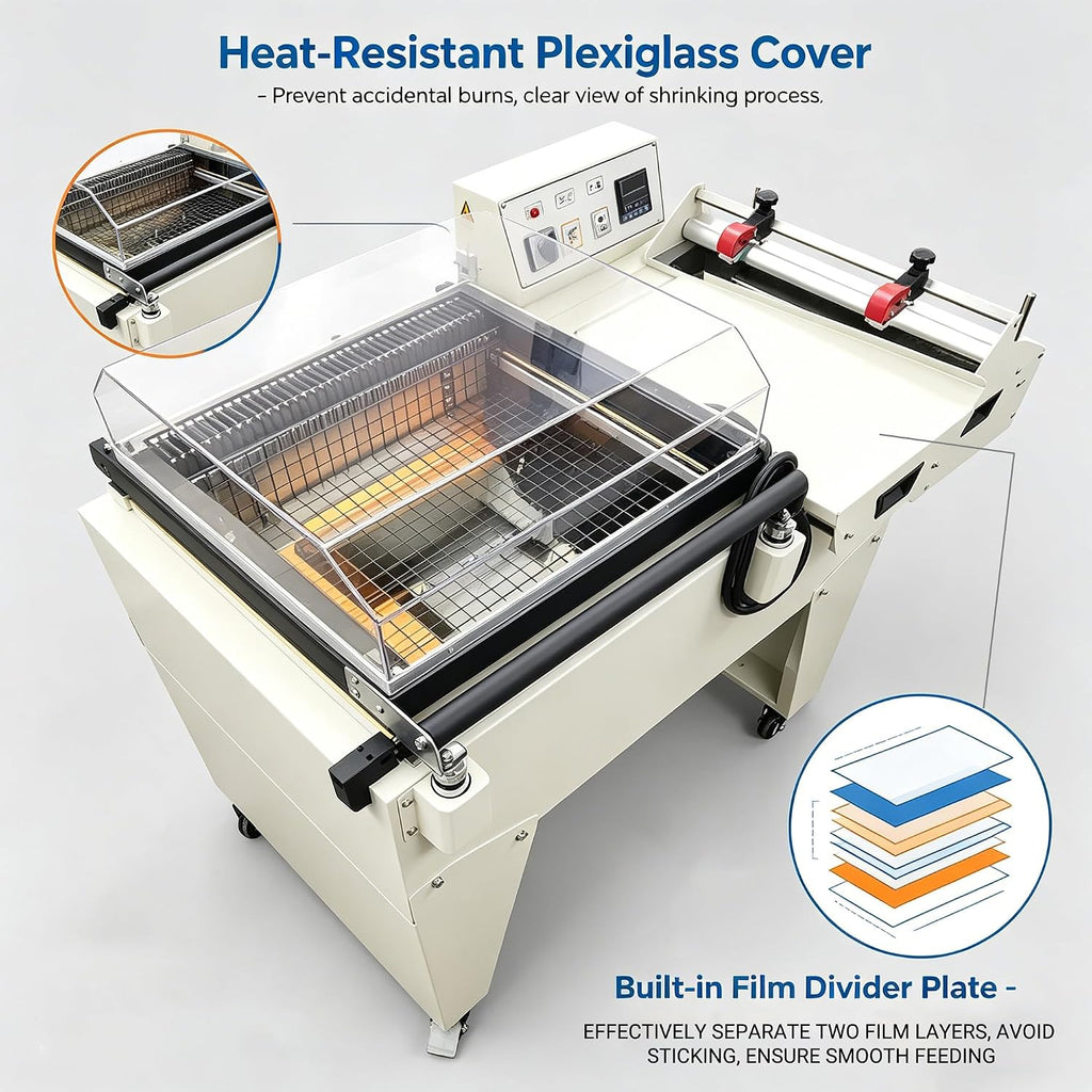 INTBUYING Automatic 2 in 1 Automatic Sealing & Cutting Thermal Shrink Machine L-Shape Sealer & Heat Shrink Tunnel Combo for POF/PVC/PP Film, 3800W for Home Factory School Business FM5540 220V/1PH