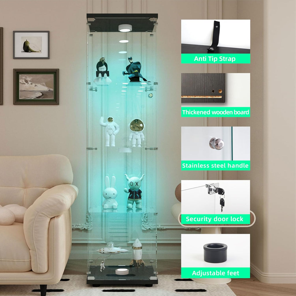 64.69' Tall Tempered Glass Display Cabinet with LED Lights, Curio Cabinet with 4 Shelves with 1 Door, Quick-Install Style Floor Standing Bookshelf File Cabinet for Living Room Office