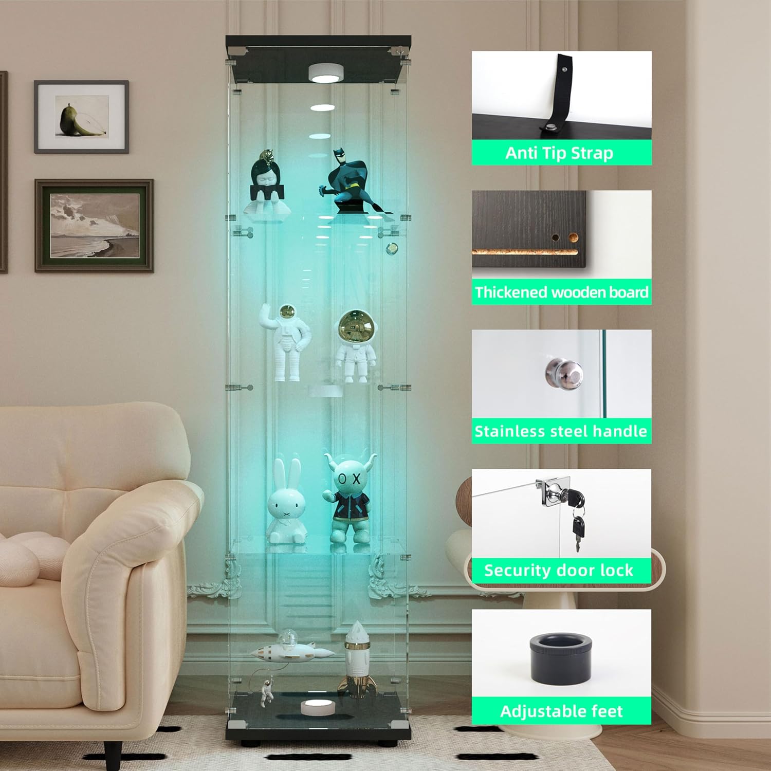 64.69' Tall Tempered Glass Display Cabinet with LED Lights, Curio Cabinet with 4 Shelves with 1 Door, Quick-Install Style Floor Standing Bookshelf File Cabinet for Living Room Office