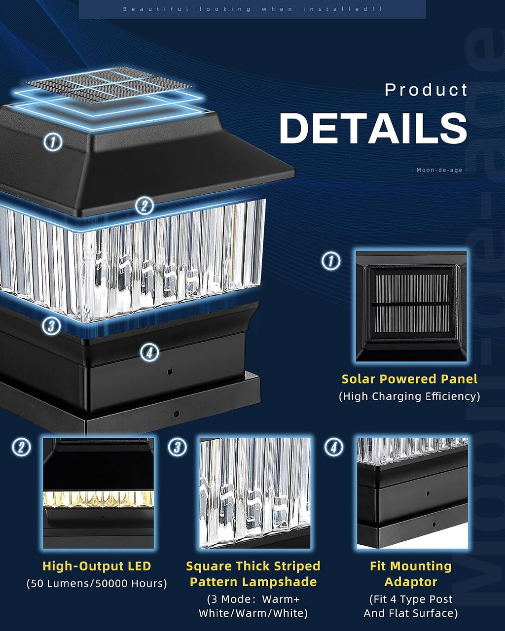 8 Pack Fence Post Solar Lights Outdoor, 3 Modes 4x4 3.5x3.5 4.5x4.5 Or 5.5x5.5 Post Cap Lights - 50 Lumen LED Deck Patio Garden Yard Mailbox Decoration Waterproof, Black
