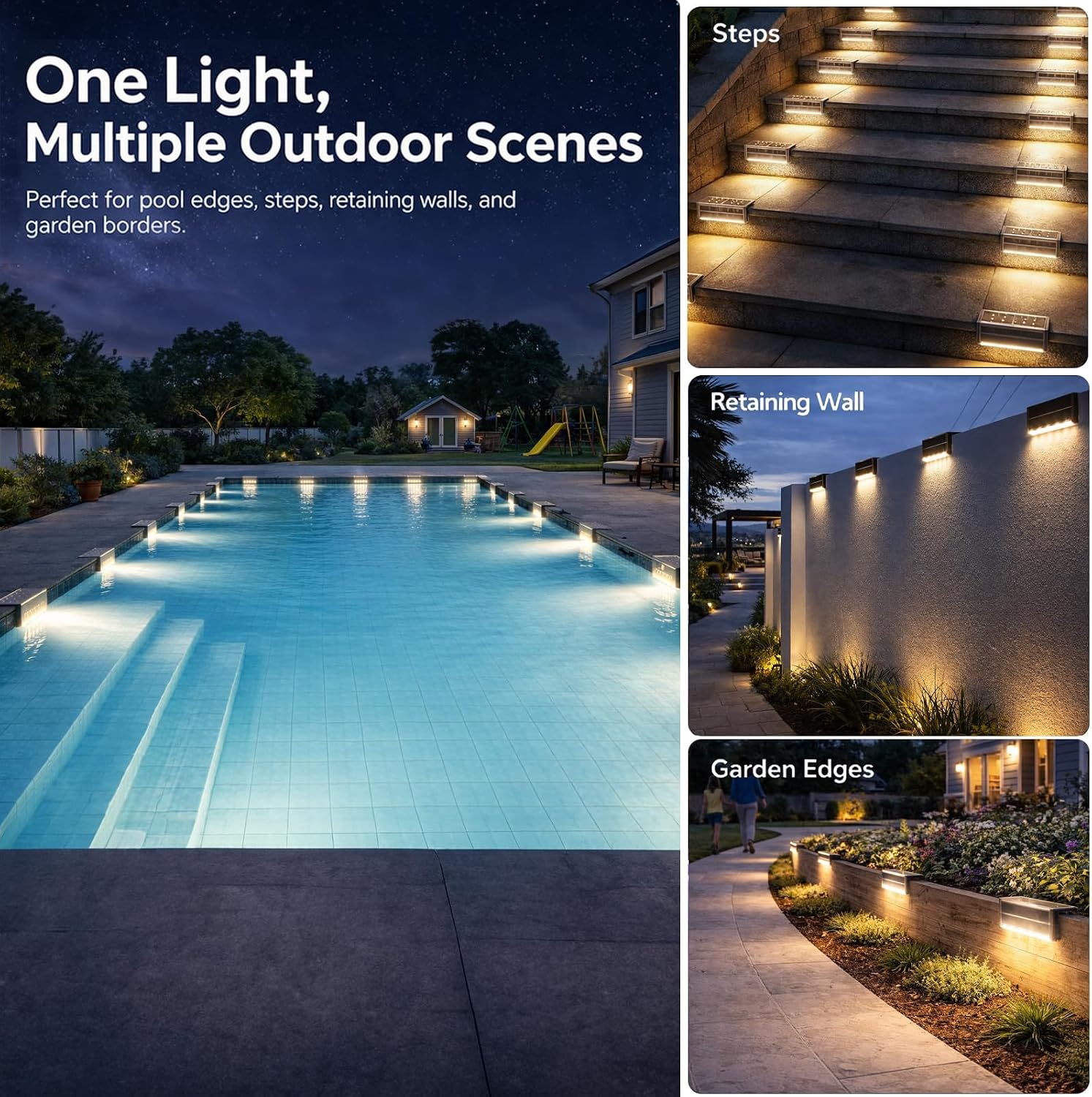 SHONELIGHTING Pool Light, Solar Powered Poolside LEDs for Inground Pool, Ultra-Thin 2-Way Lighting for Deck, Edge, Wall, Step, Outdoor Waterproof Stainless Steel for Swimming Pool (Warm White, 6 Pack)