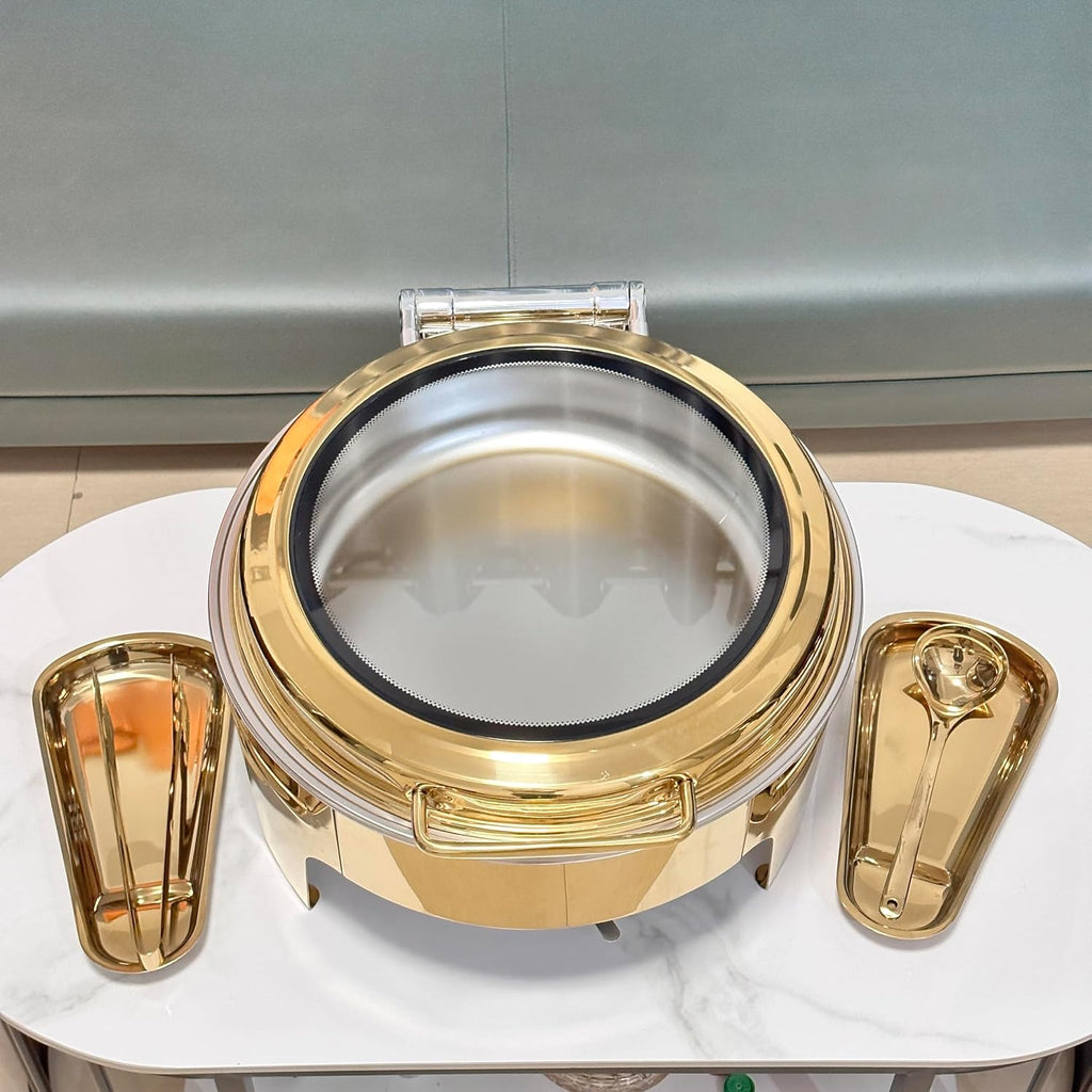 1Pack 6.8 Qt Golden Chafing Dish Buffet Set with Big Visible Window, Round Stainless Steel Buffet Servers and Warmers for Catering, Parties, Hotels and Weddings