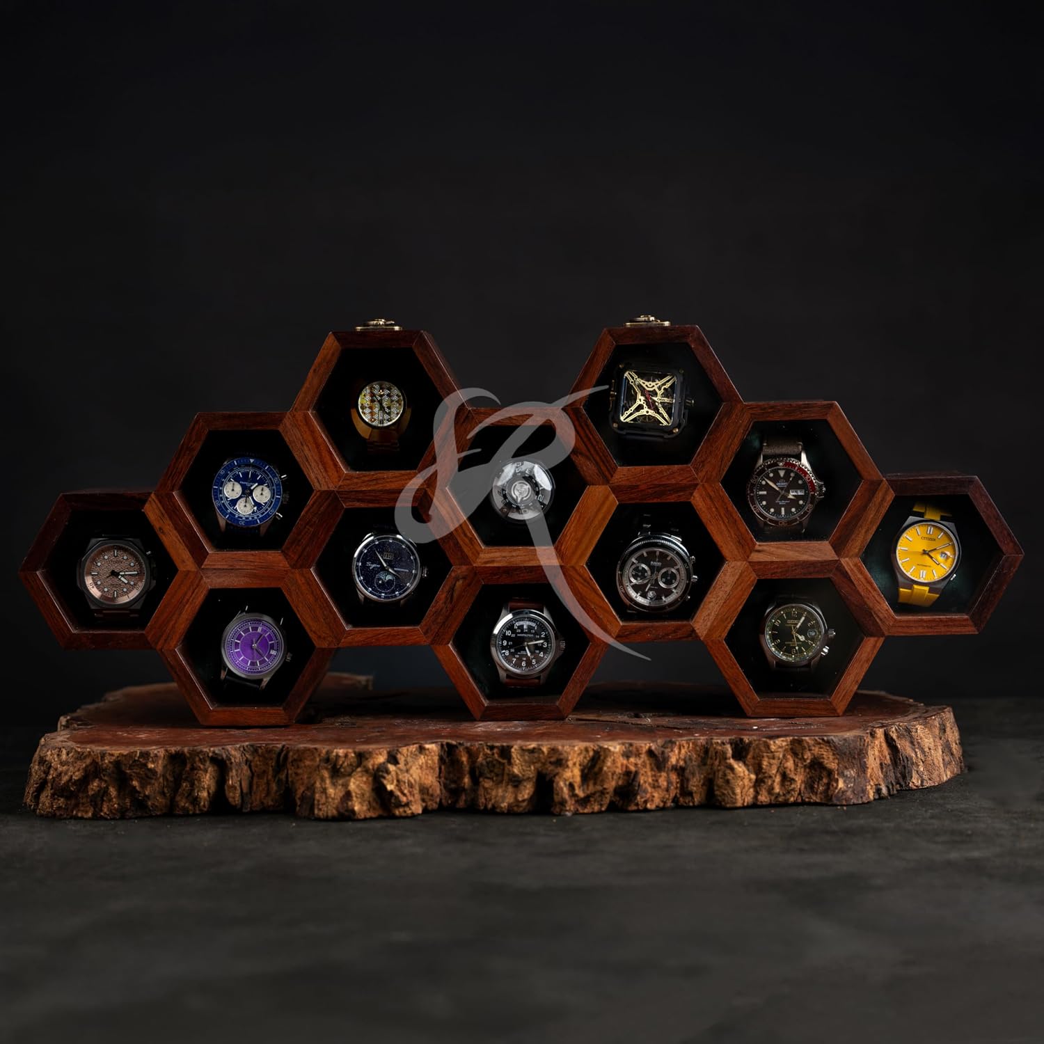 Extra Large 12 Slot Superior Rosewood Honeycomb Wall Mounted Watch Box Display Case Holder for Men, Vintage Hanging Watch Storage Organizer to Keep Watches Safe and Sophisticated