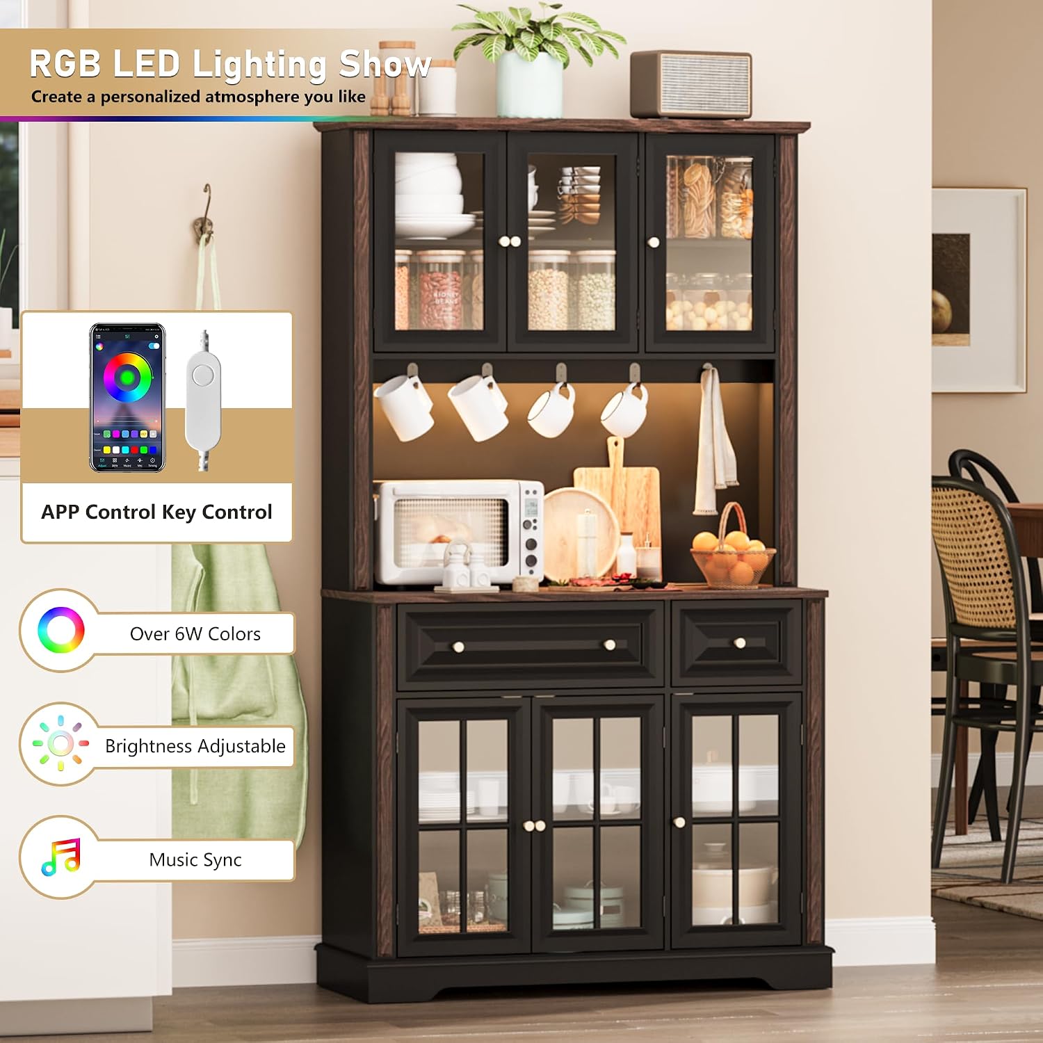 70' Kitchen Pantry Cabinet with Power Outlet| LED Lights, 38' W Kitchen Hutch Storage Cabinet with Countertop, Tall Kitchens Hutch Cabinets for Home Dining Living Room, Black