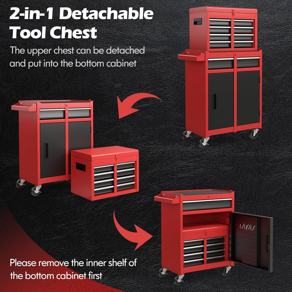 S AFSTAR 5-Drawer Rolling Tool Chest, High Capacity Tool Storage Cabinet W/Lockable Wheels, Adjustable Shelf & Anti-Slip Liner, Detachable Tool Box Organizer, Rolling Tool Cabinet (Black & Red)