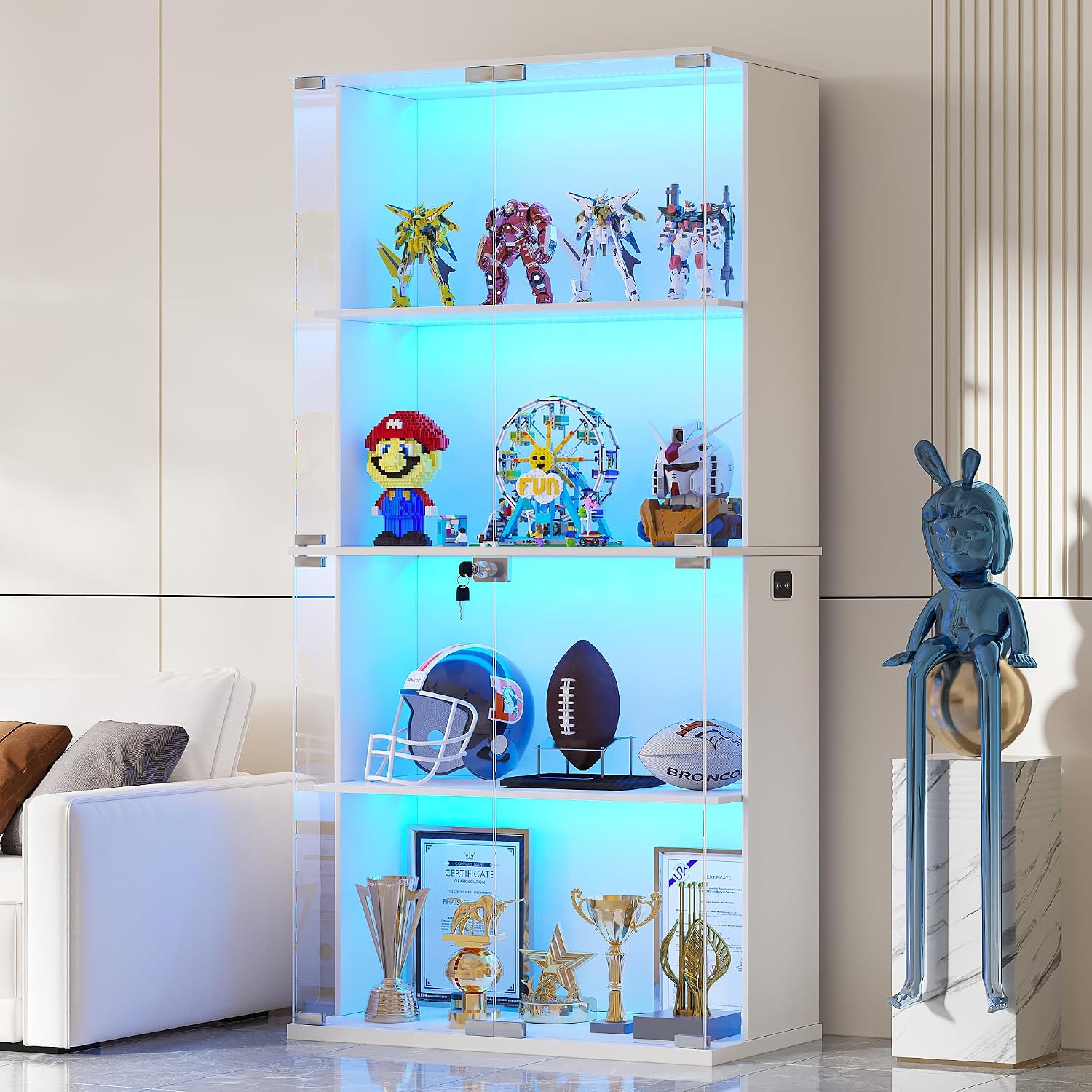 HNEBC White Display Cabinet with Glass Door,Lighted 4-Tier Curio Cabinet with3 Color Lights for Collectibles Bookcases,66' Display Case with Human Body Sensor for Living Room/Game Room