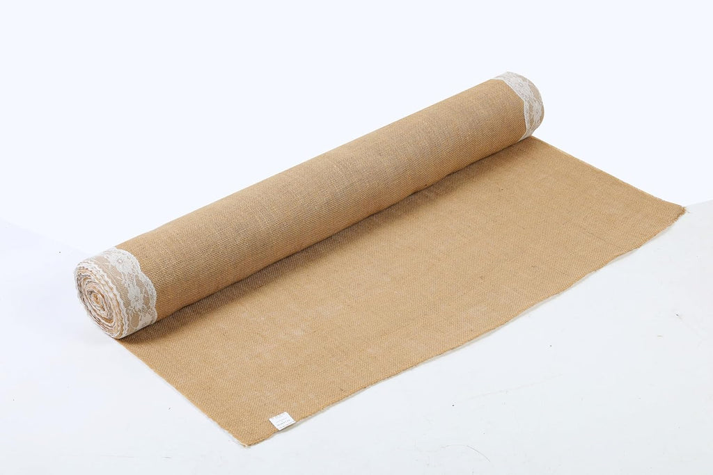 AK TRADING CO. 40' Wide Natural Burlap Wedding Aisle Runner with Ivory Lace - 40' Wide x 50 feet Long