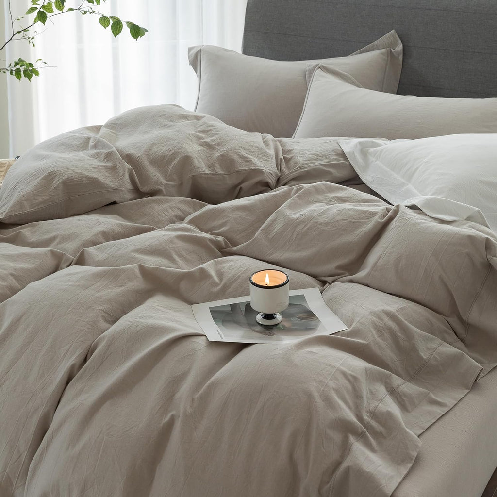 Cooling Duvet Cover Set 3 Pieces-100% Washed Cotton with Chic Wide Trim Design Linen Like Textured Ultra Soft Cozy Bedding with Zipper Closure(Hemmed Beige Grey,Oversized King 120'x98')