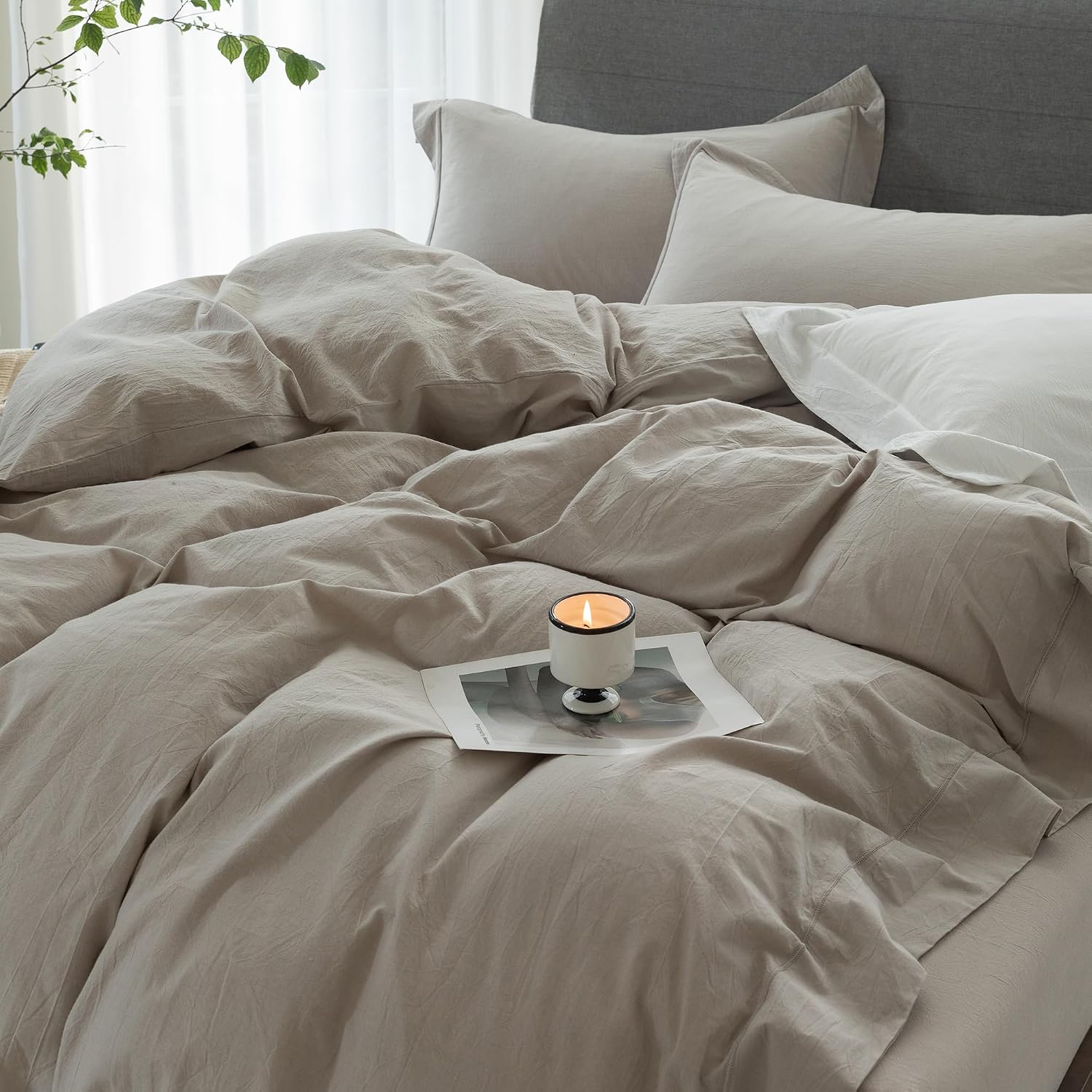 Cooling Duvet Cover Set 3 Pieces-100% Washed Cotton with Chic Wide Trim Design Linen Like Textured Ultra Soft Cozy Bedding with Zipper Closure(Hemmed Beige Grey,Oversized King 120'x98')