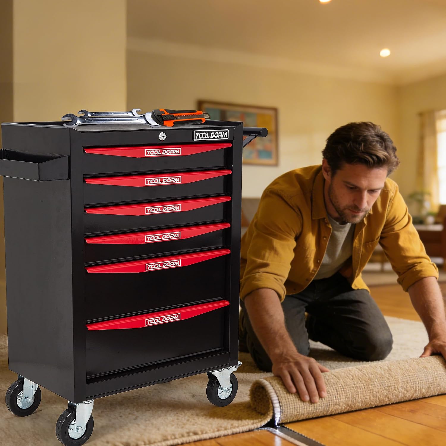 Rolling Tool Chest with Wheels, 6-Drawer Small Tool Cabinet, Metal Rolling Tool Box with Wheels and Locking System for Garage Warehouse Workshop Office Organizers and Storage (Black)