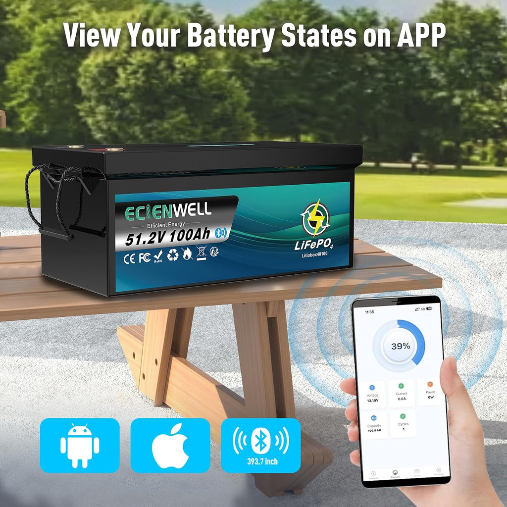 48V(51.2V) 100Ah Golf Cart Lithium LiFePO4 Battery with Bluetooth&APP, ECIENWELL 15000+ Deep Cycle Battery with 150A BMS, EV A+ Rated Cells Batteries for Golf Cart, Lawn Mower, Solar, RV