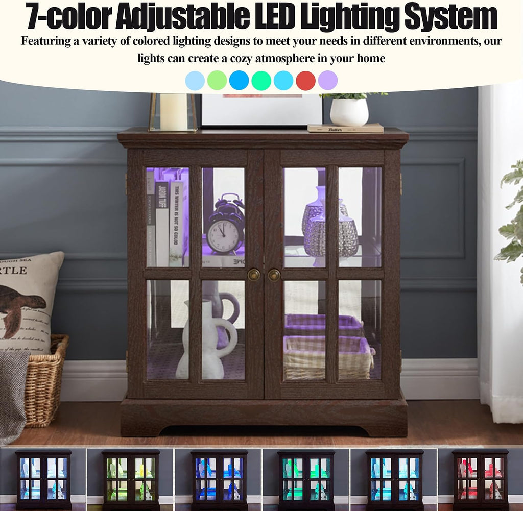 2 Door Curio Display Cabinet with LED Light & Adjustable Shelves, 30' Tableware Display Sideboard w/Mirrored Back Pane, Modern Glass Display Storage Cabinet for Kitchen & Living Room (Cherry)