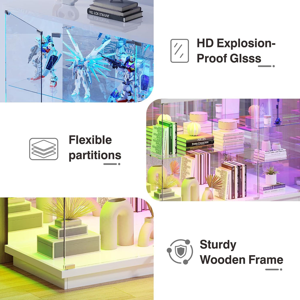 Lvifur RGB Glass Display Cabinet - with Lock, High Gloss Curio Cabinet Sideboard with Human Body Sensor & Glass Shelves for Toys, Books, Collectibles, Bookcase for Living Room, Kitchen, Study, White