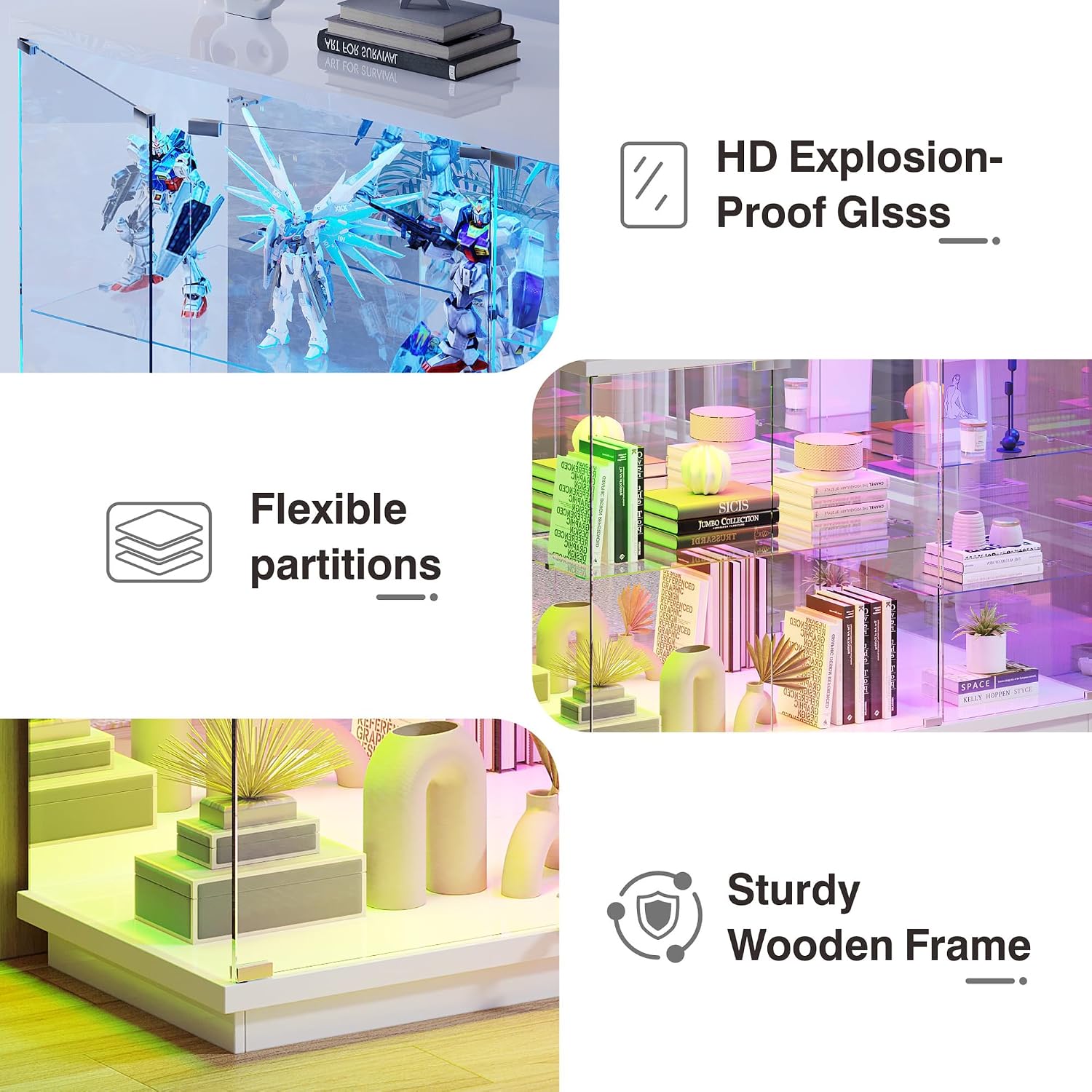 Lvifur RGB Glass Display Cabinet - with Lock, High Gloss Curio Cabinet Sideboard with Human Body Sensor & Glass Shelves for Toys, Books, Collectibles, Bookcase for Living Room, Kitchen, Study, White