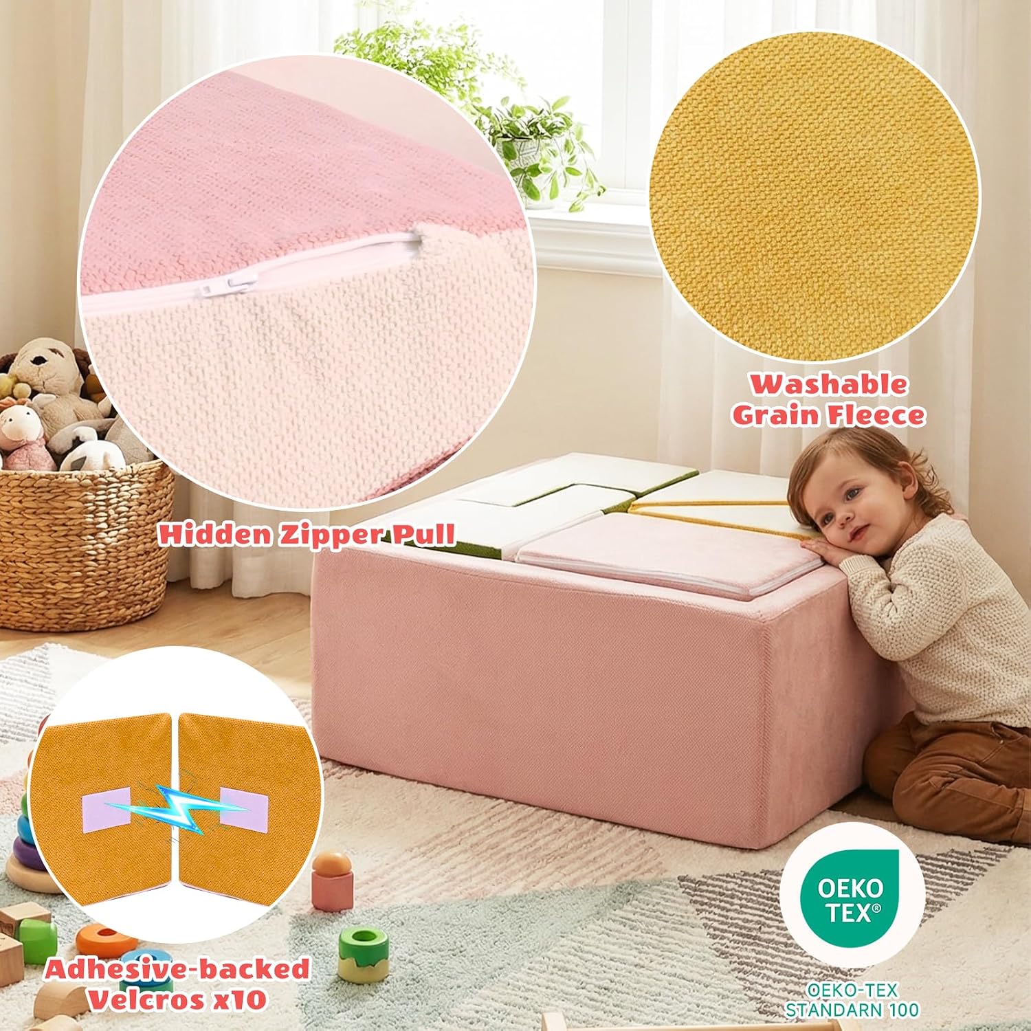 6-Piece Modular 30D High-Density Foam Climbing Blocks for Toddlers 6-24 Months,OEKO-TEX Certified Soft Play Set with Large Ball Pit,Pink Indoor Crawling Toys for Baby Girls (Balls Not Included)