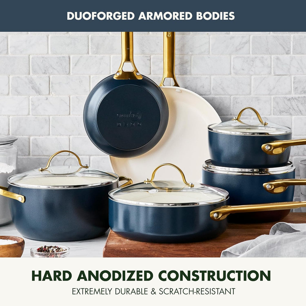 GreenPan Hard Anodized Healthy Ceramic Nonstick 10 Piece Cookware Pots and Pans Set, Gold-Tone Stainless Steel Handles, PFAS & PFOA-Free, Dishwasher Safe, Oven & Broiler Safe, Twilight Blue