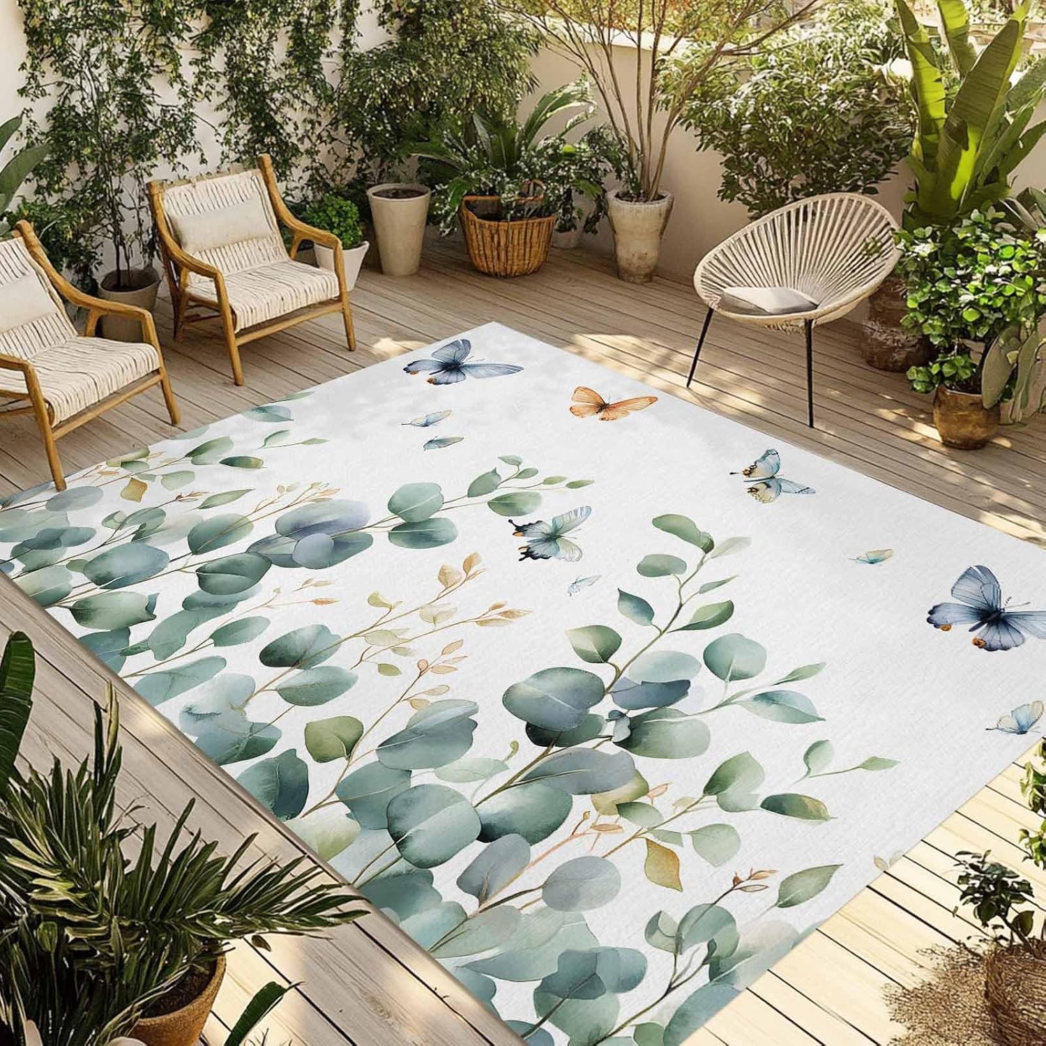 Outdoor Rug 4x6ft Spring Green Eucalyptus Leaf Butterfly on White Patio Area Rugs Waterproof Easy Cleaning Non Shedding Thick Mats Botanical Carpet for Indoor Outdoor Porch Deck Backyard Balcony
