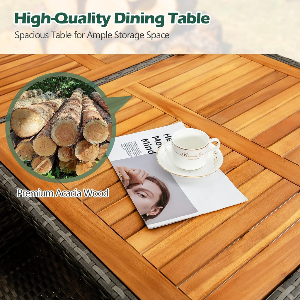 Tangkula 7 Pieces Outdoor Dining Furniture Set, Patio Rattan Conversation Set with Spacious Acacia Wood Table, 6 Chairs with Widened Armrests, Non-slip Foot Pads, Suitable for Backyard Poolside (Grey)