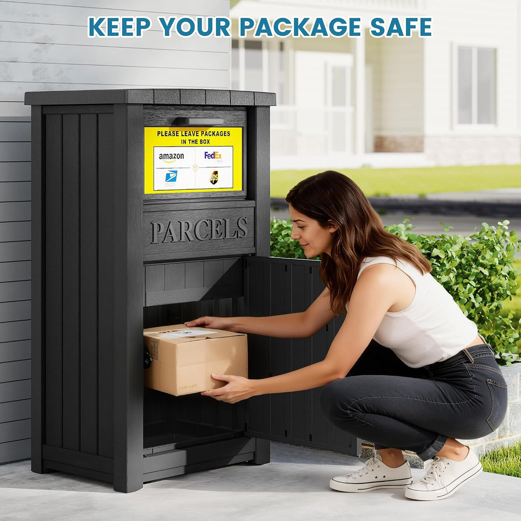 Package Delivery Box for Outside, Large Lockable & Weatherproof Anti-Theft Parcel Drop Box for Porch, Curbside, House Storage, Black(60 Gallon with Sign)